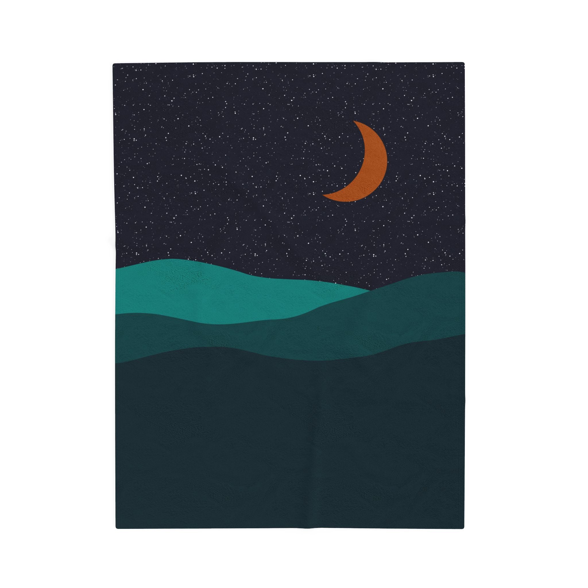 Velveteen blanket with a night sky design featuring a crescent moon and wavy lines for an abstract night desert scene. 30x40" throw blanket