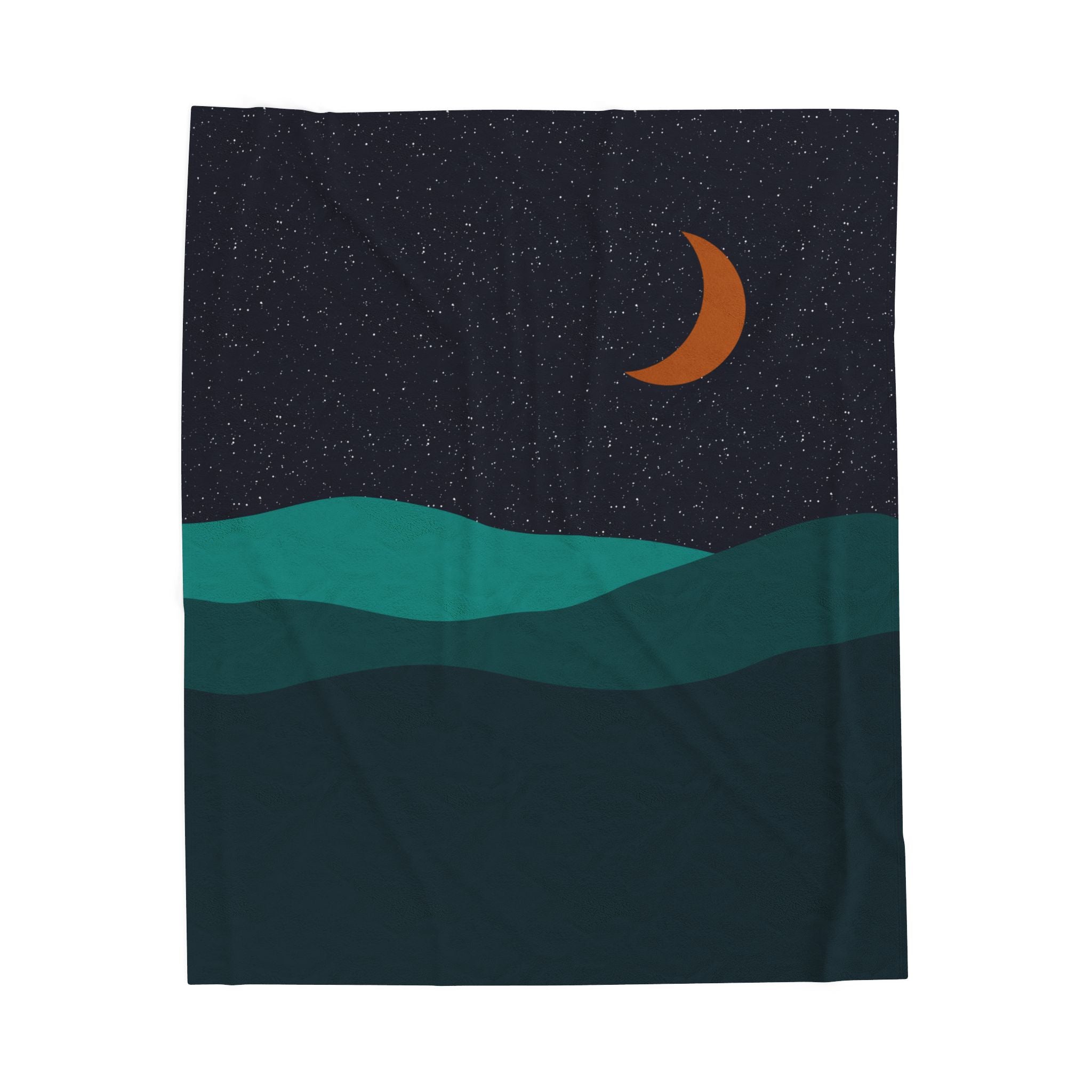 Blanket with a design of a crescent moon and wavy lines on a dark background, Teal and navy blue. 50x60" throw blanket.