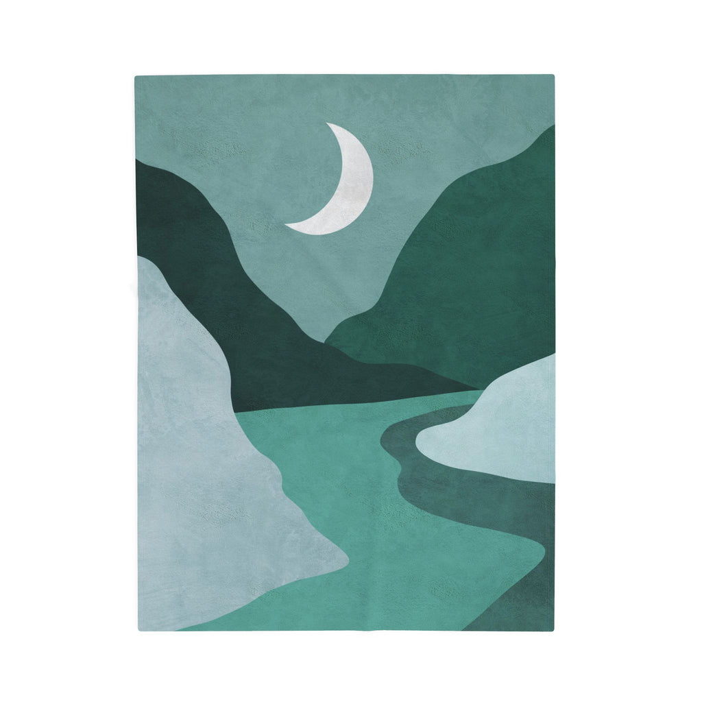 Abstract art print blanket with mountains and a crescent moon on a teal background, 30x40 in blanket