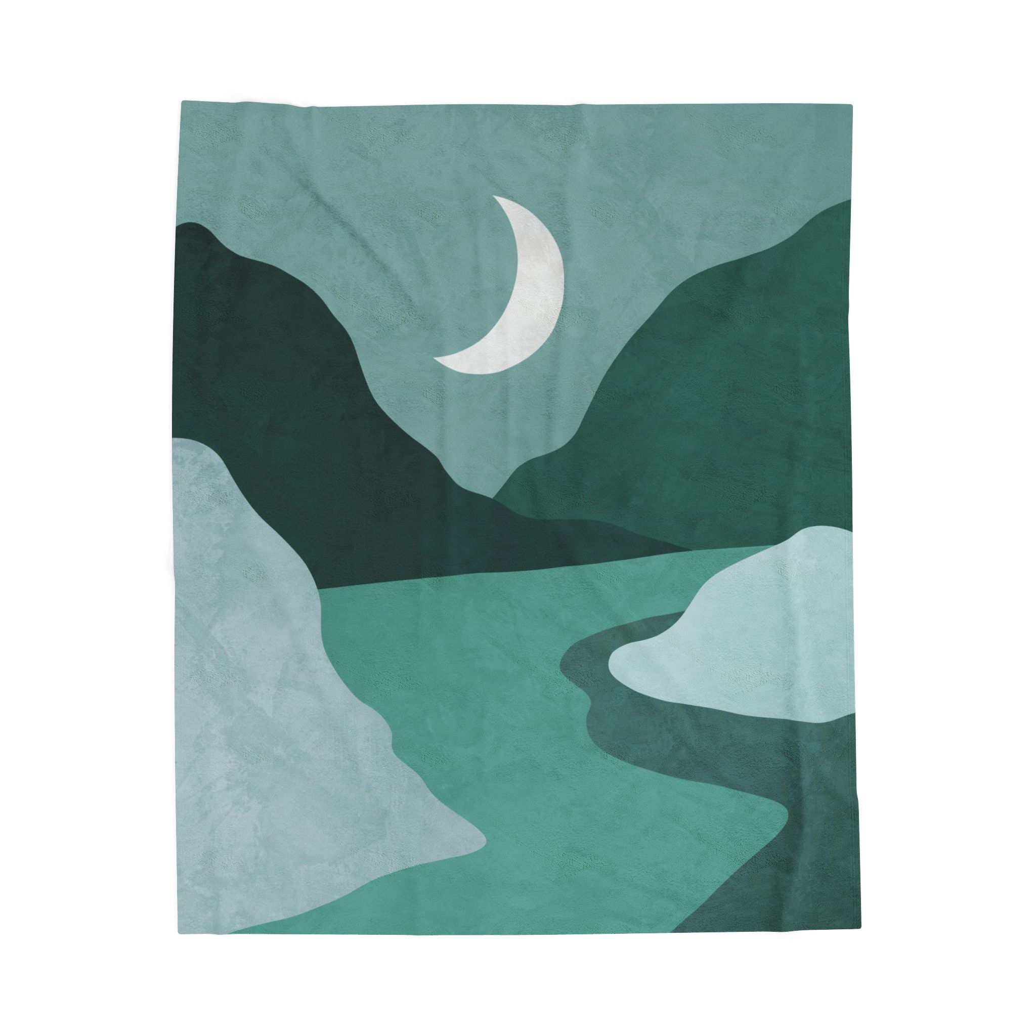 Blanket with mountain and moon design on a green background, 50x60 inch medium blanket