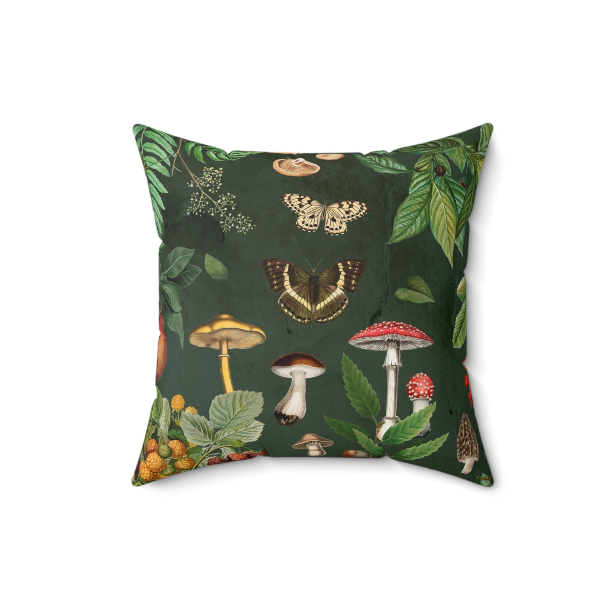 Decorative pillow with nature-themed design featuring butterflies, mushrooms, and leaves on a dark green background. 16x16" pillow with insert. Cottagecore Vintage Style Pillow. Dark academia inspired.