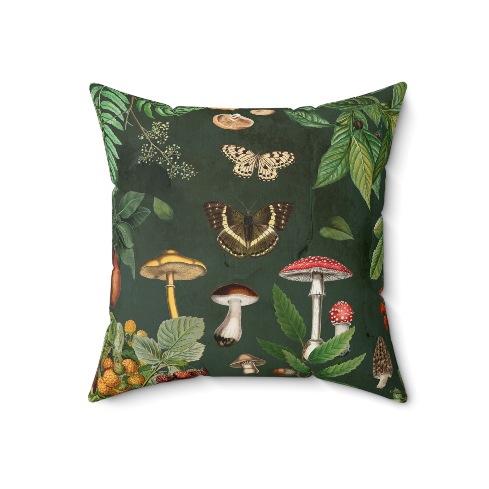 Decorative pillow with nature-themed design featuring butterflies, mushrooms, and leaves on a dark green background. 18x18" pillow with insert. Cozy Cottagecore pillow.