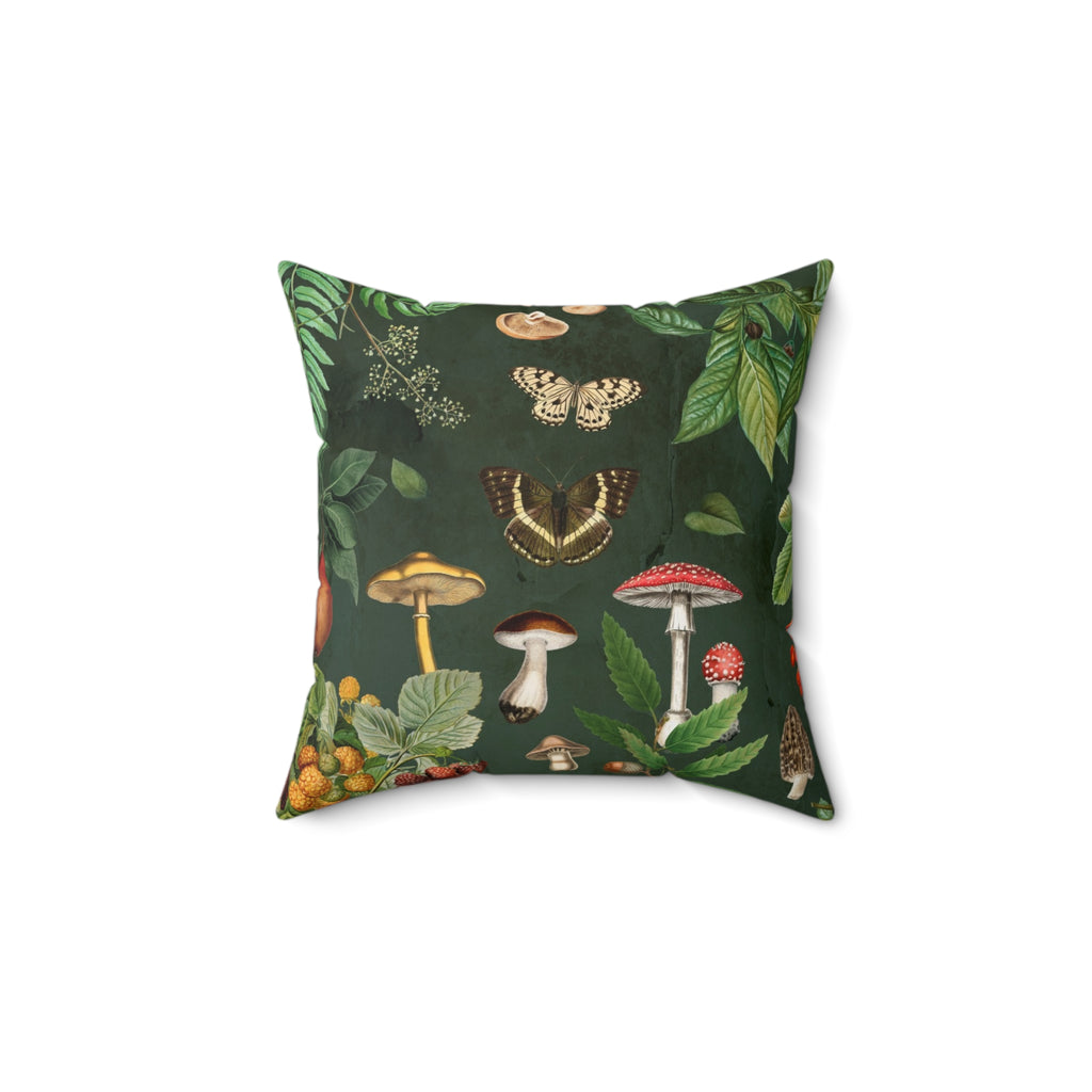 Decorative pillow with nature-themed design featuring mushrooms and butterflies on a dark green background. 14x14" inch pillow with insert