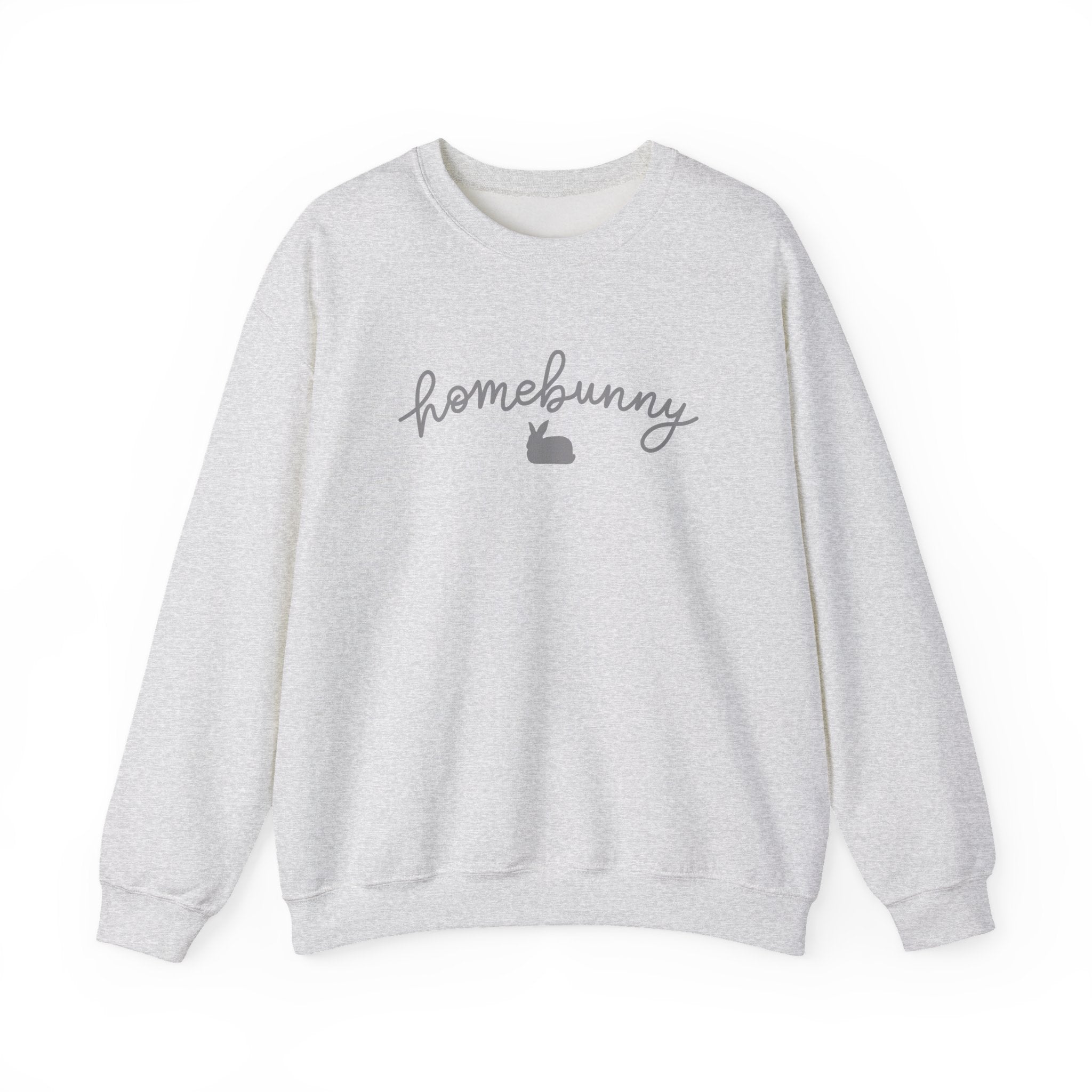 Ash sweatshirt with 'homebunny' text in gray on a white background