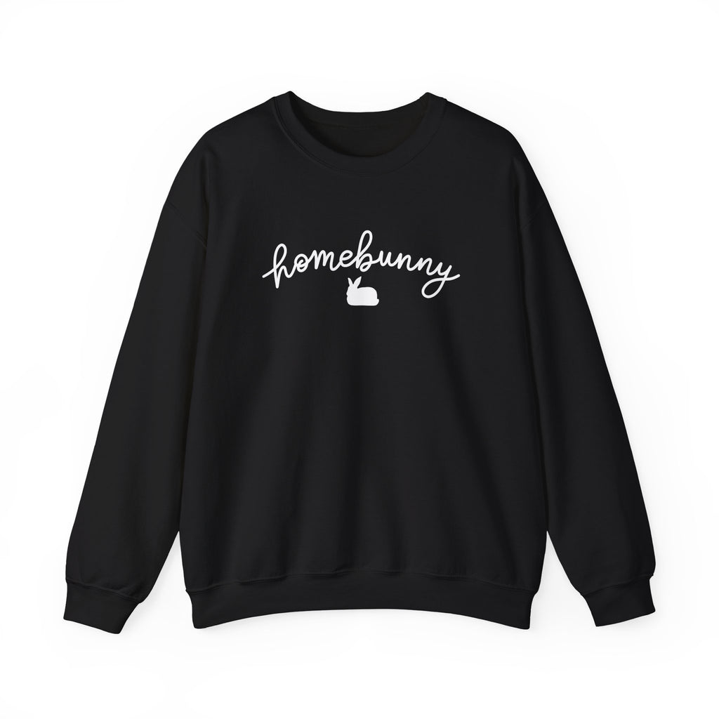 Black sweatshirt with 'homebunny' text on a white background