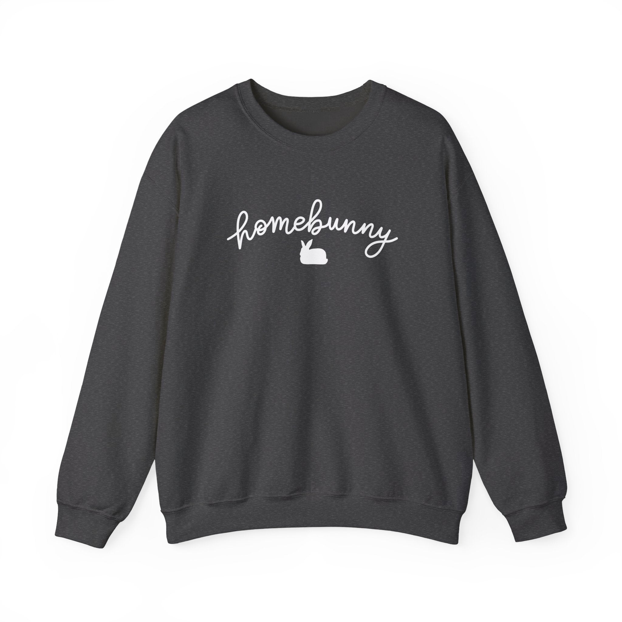 Dark heather gray sweatshirt with 'homebunny' text on a white background