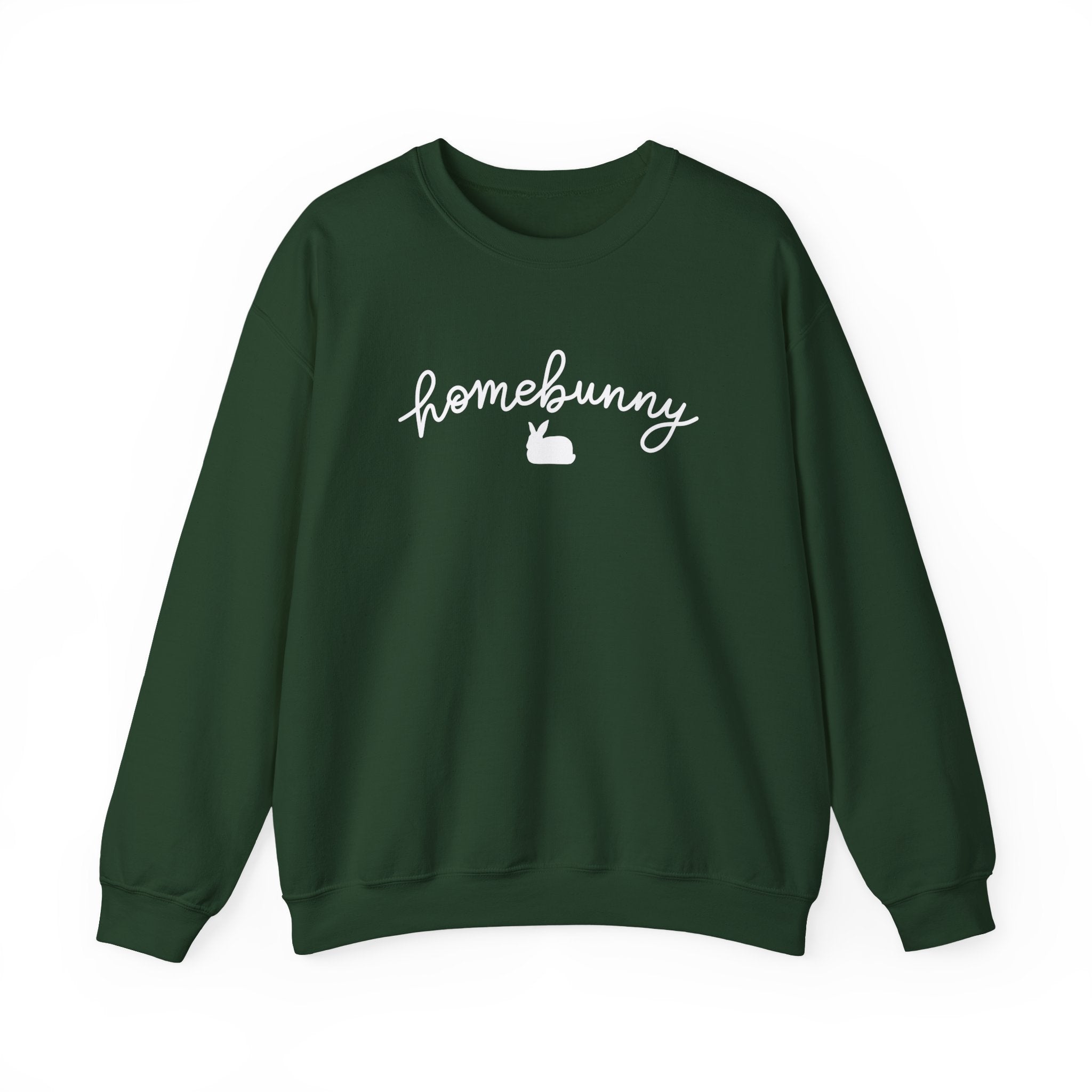 Forest Green sweatshirt with 'homebunny' text on a white background