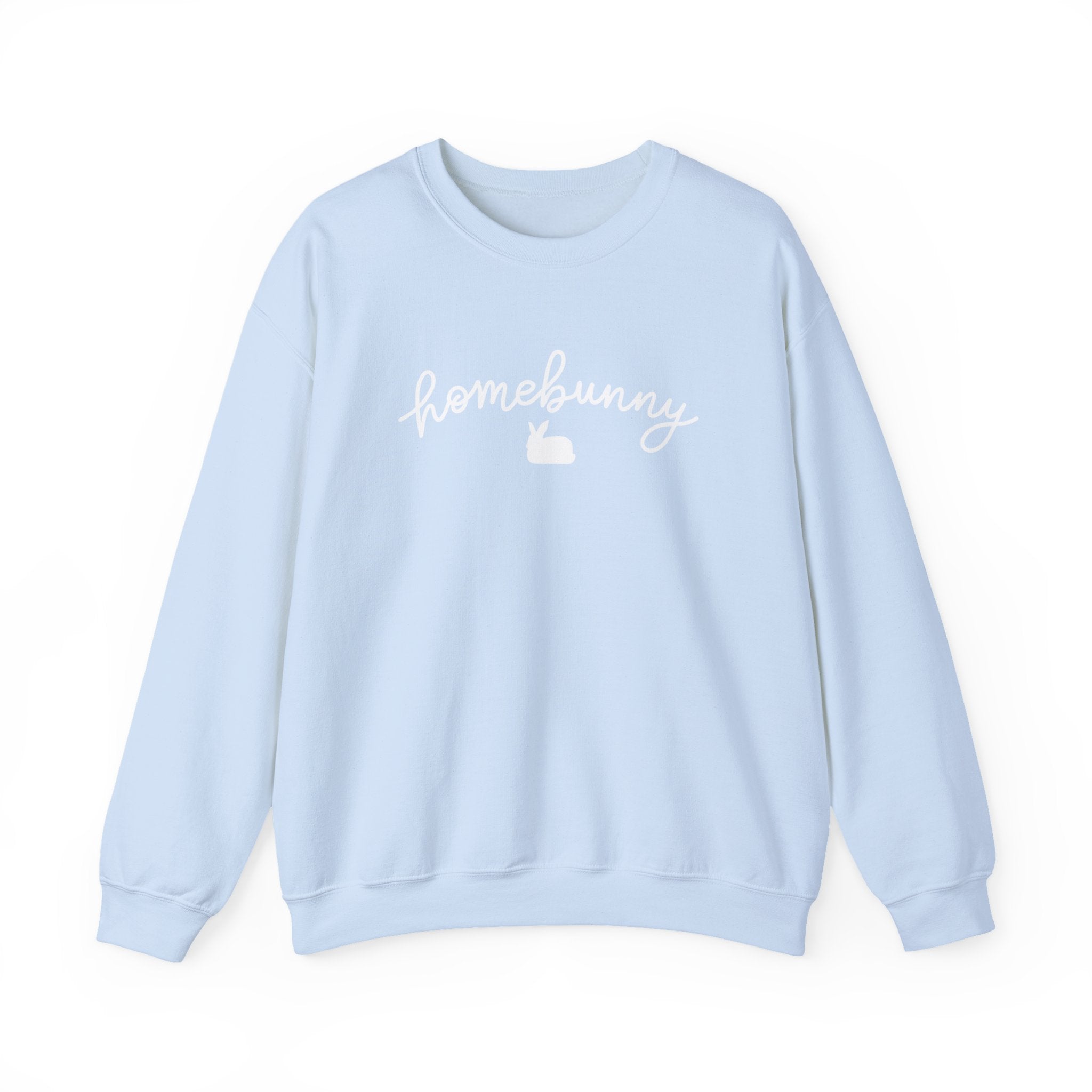 Light blue sweatshirt with 'homebunny' text on a white background