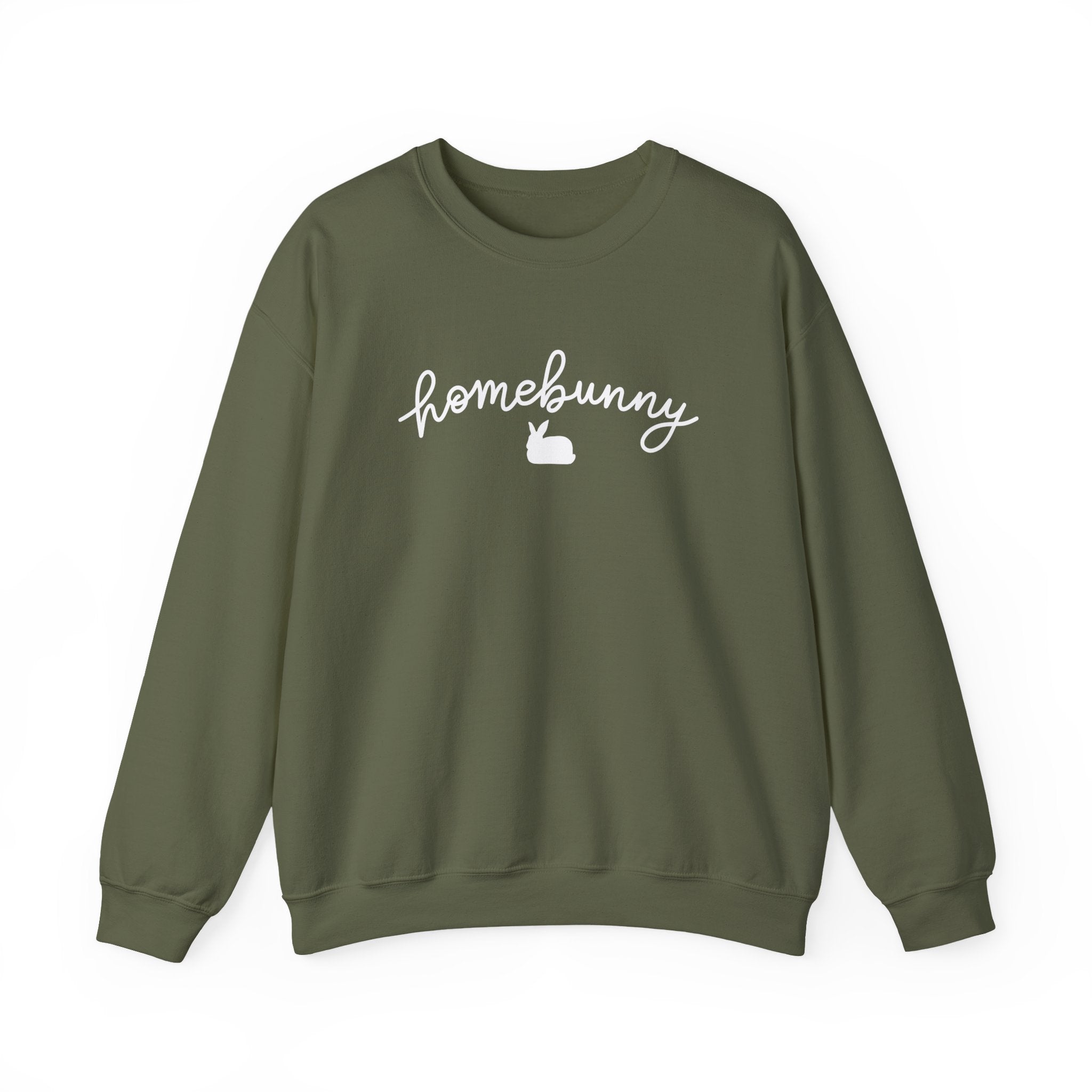 Military Green sweatshirt with 'homebunny' text on a white background