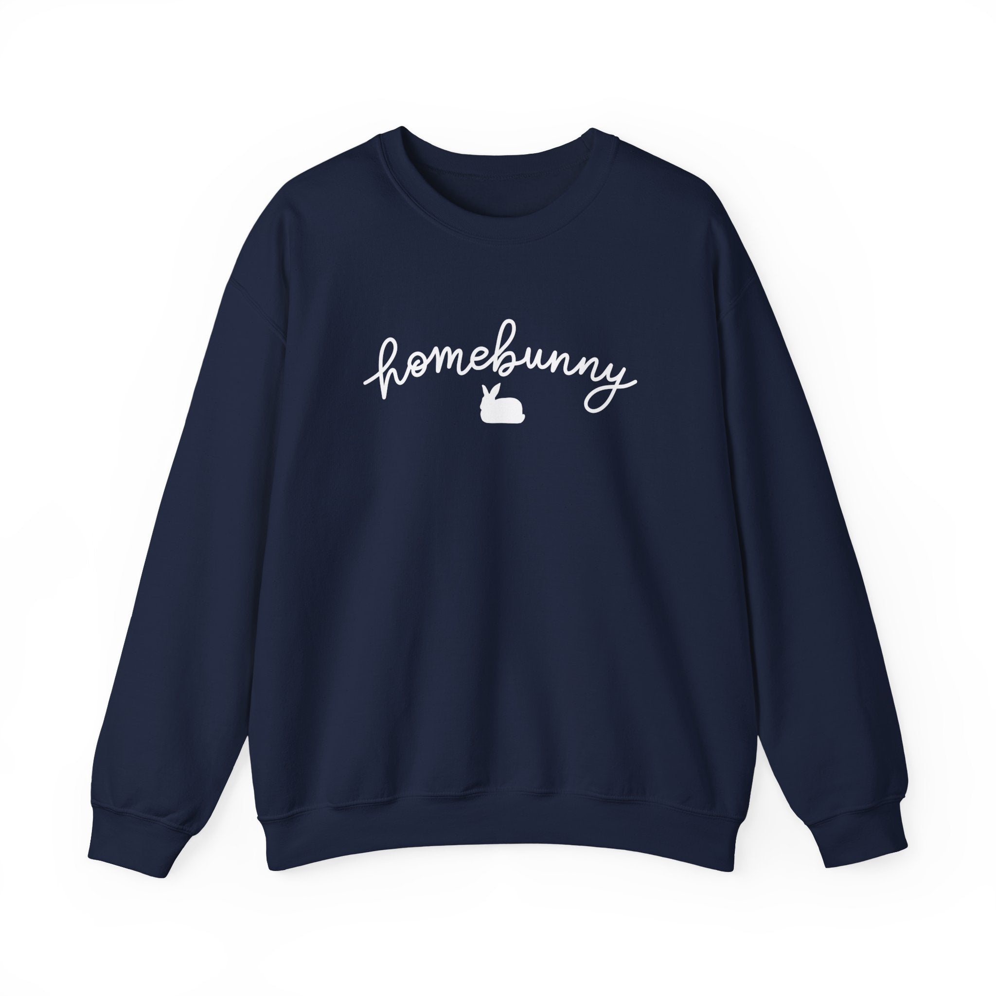Navy blue sweatshirt with 'homebunny' text on a white background