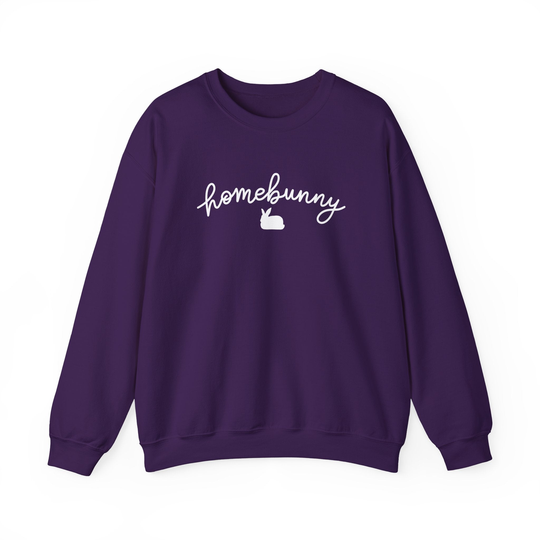Purple sweatshirt with 'homebunny' text on a white background