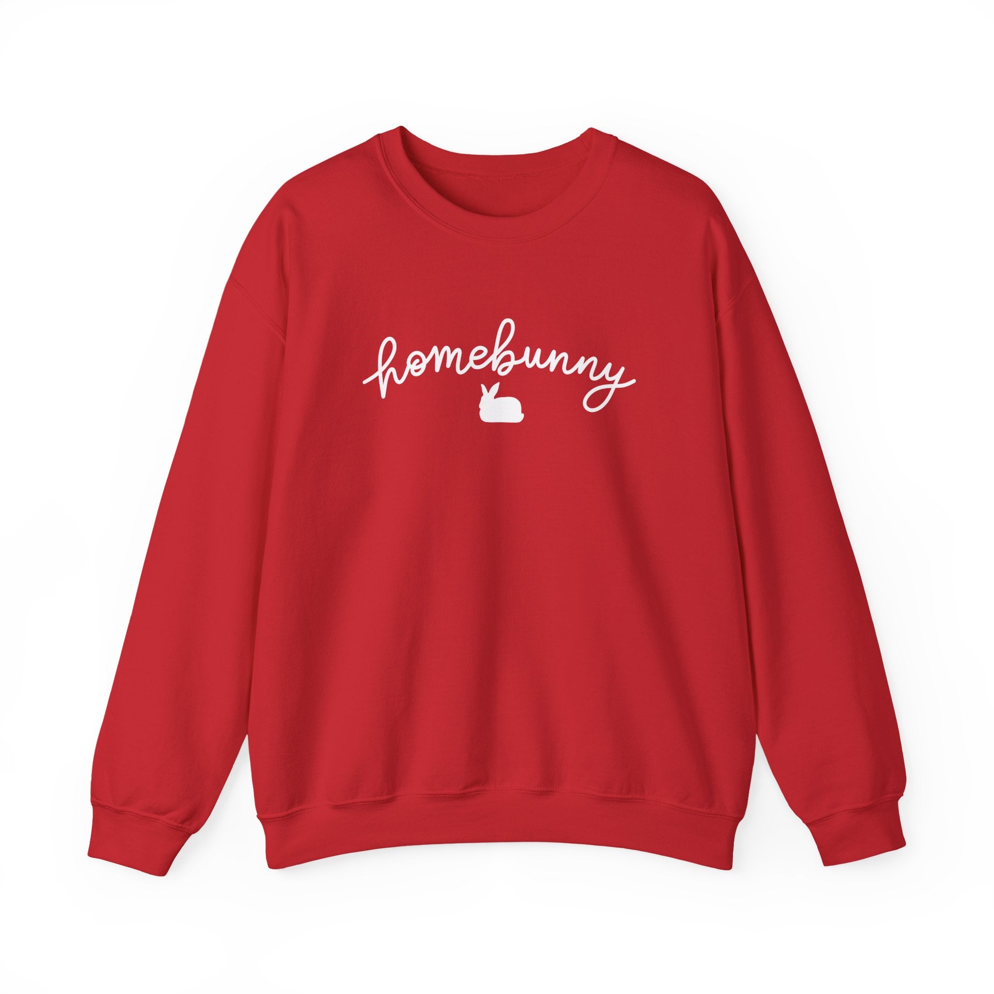 Red sweatshirt with 'homebunny' text on a white background