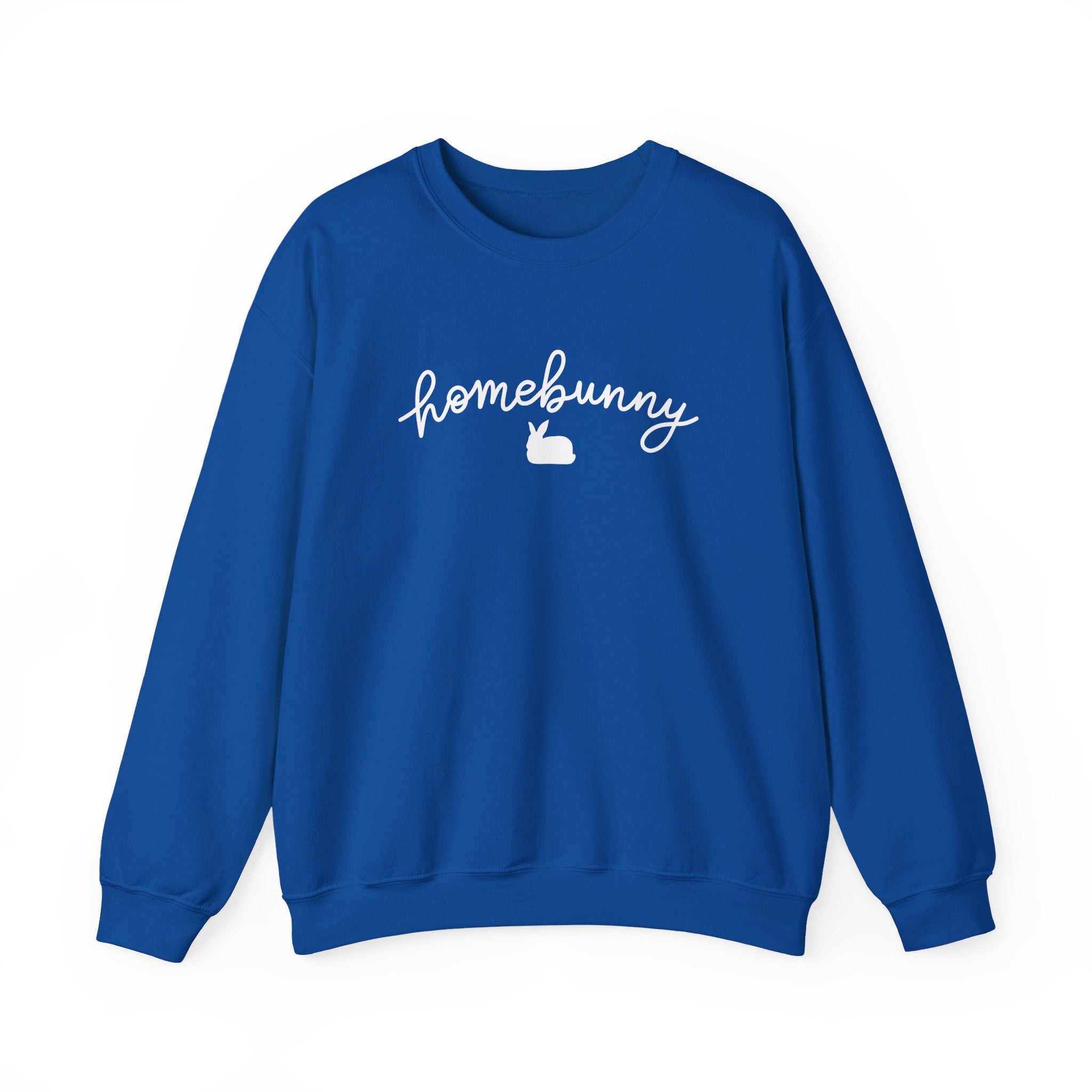 Royal Blue sweatshirt with 'homebunny' text on a white background