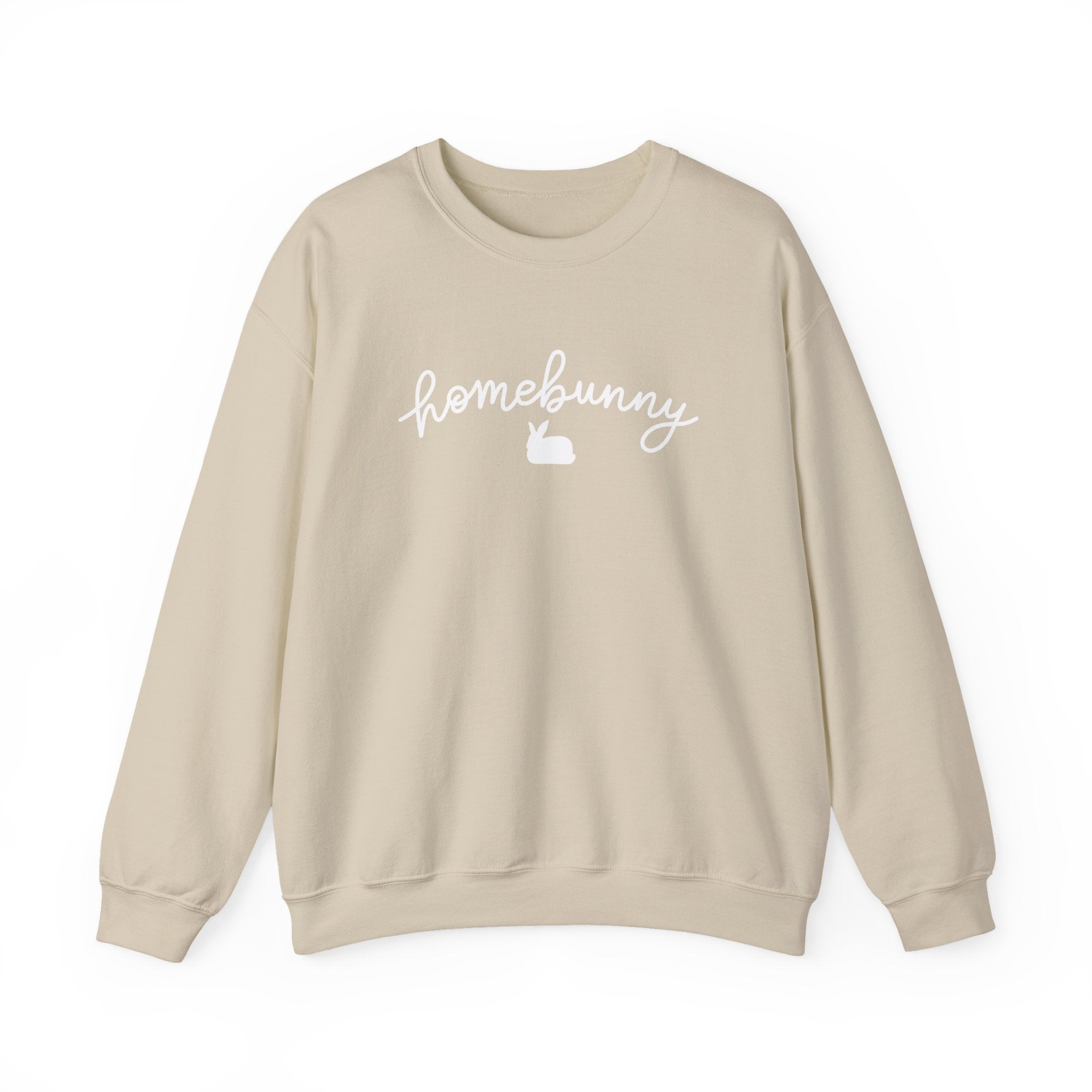 Sand sweatshirt with 'homebunny' text on a white background