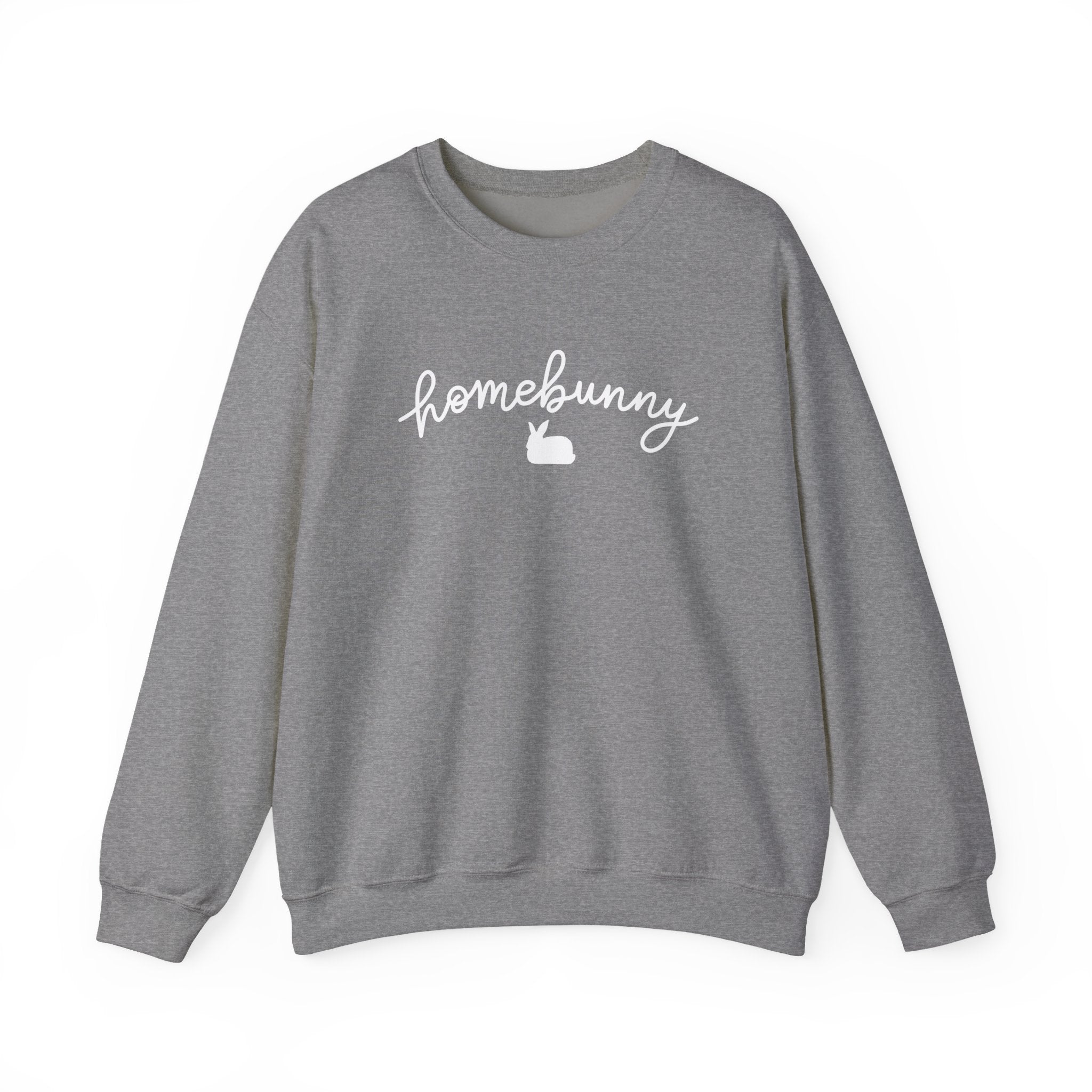 Graphite Heather sweatshirt with 'homebunny' text on a white background