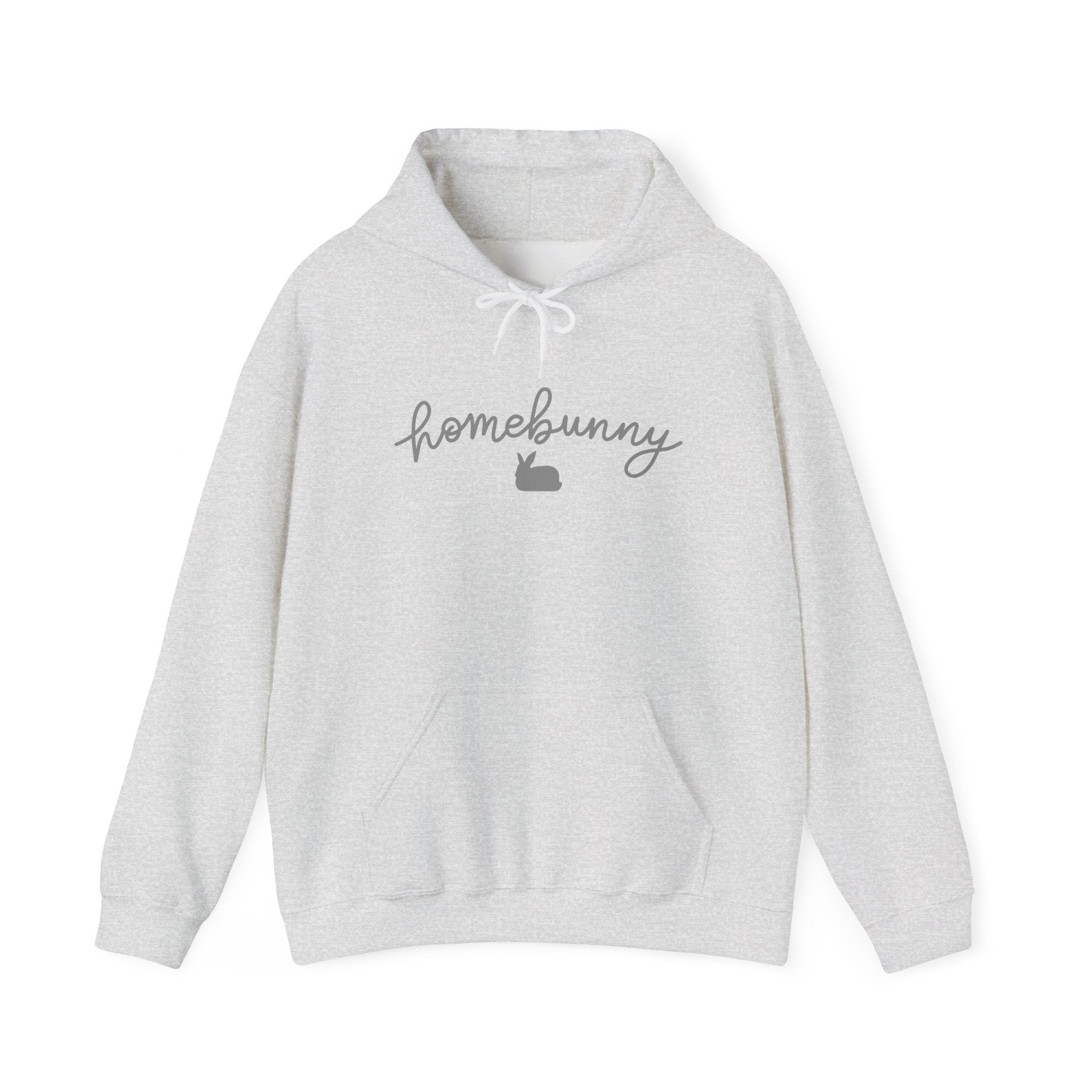 Ash Gray hoodie with 'homebunny' text and rabbit icon on a white background