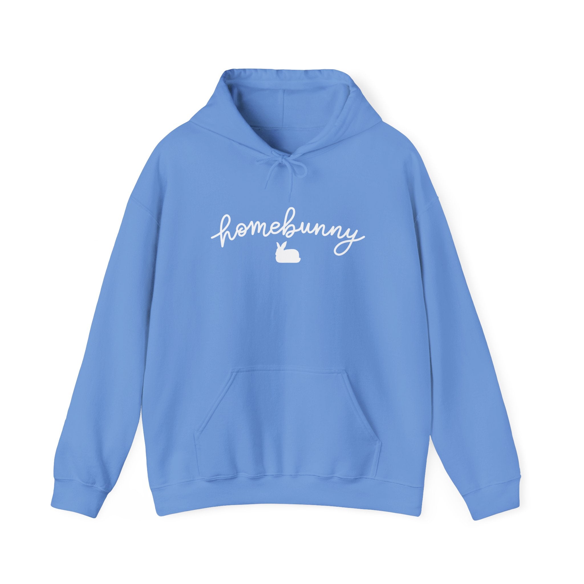 Carolina Blue hoodie with 'homebunny' text and rabbit icon on a white background