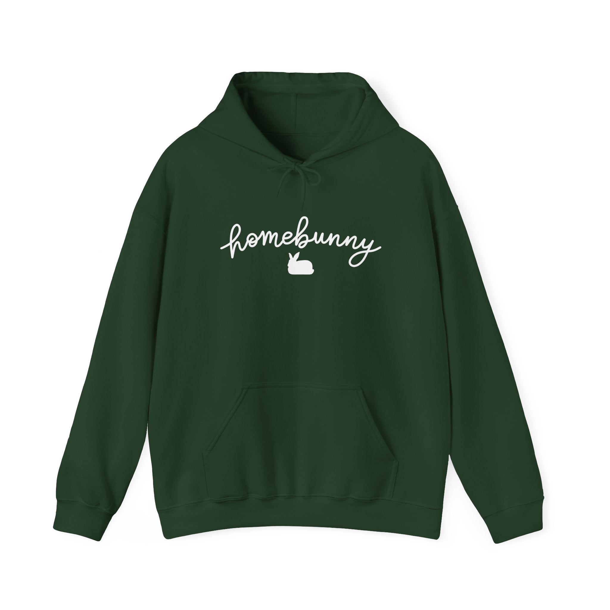 Forest Green hoodie with 'homebunny' text on a white background