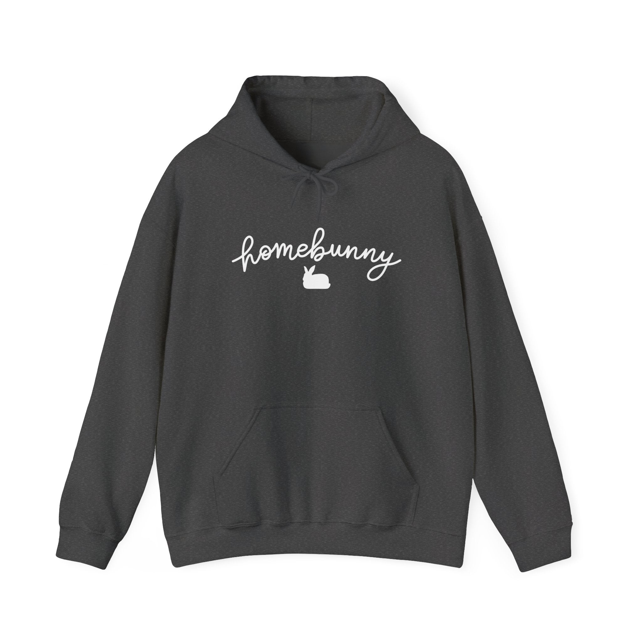 Dark Heather gray hoodie with 'homebunny' text on a white background