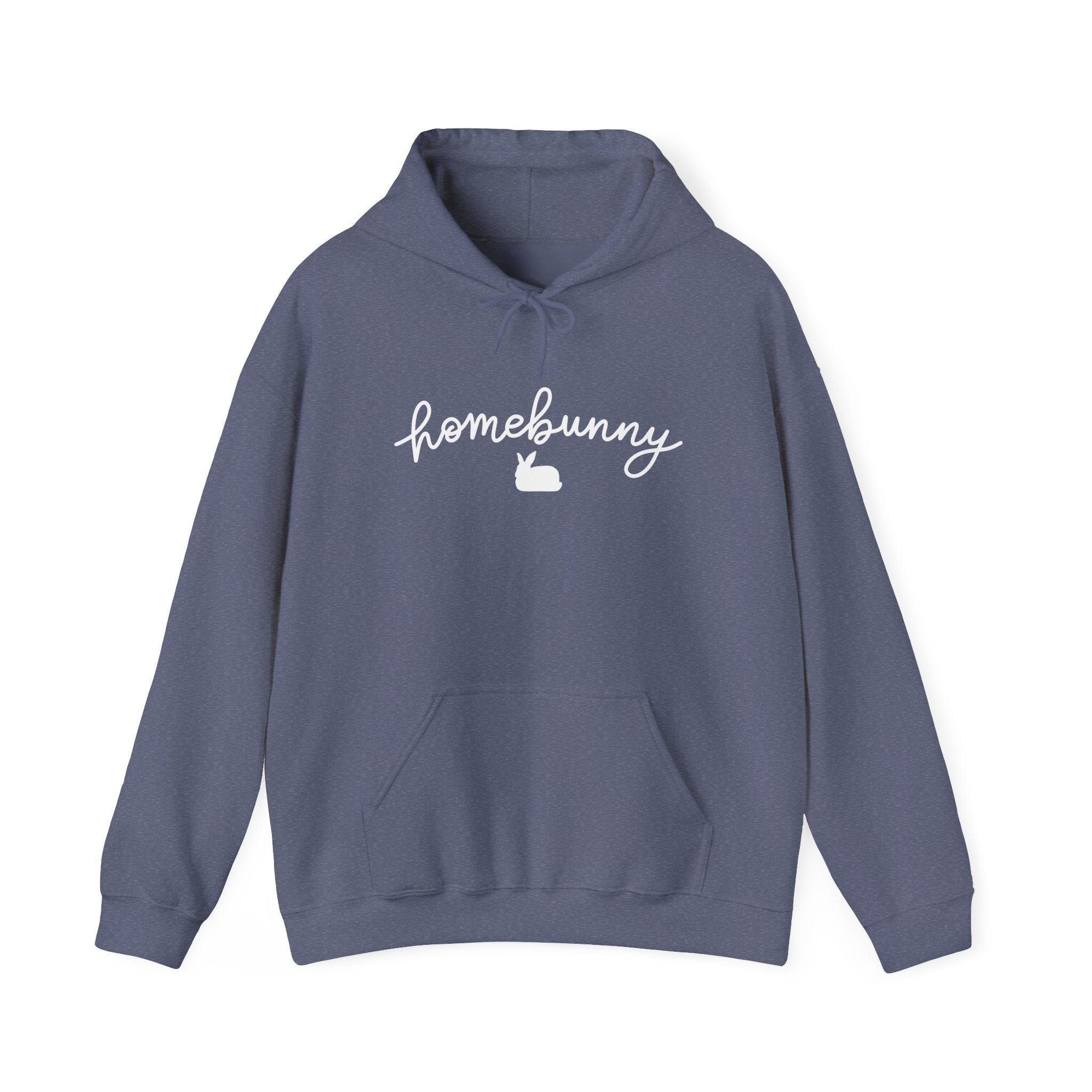 Heather Navy Blue hoodie with 'homebunny' text on a white background