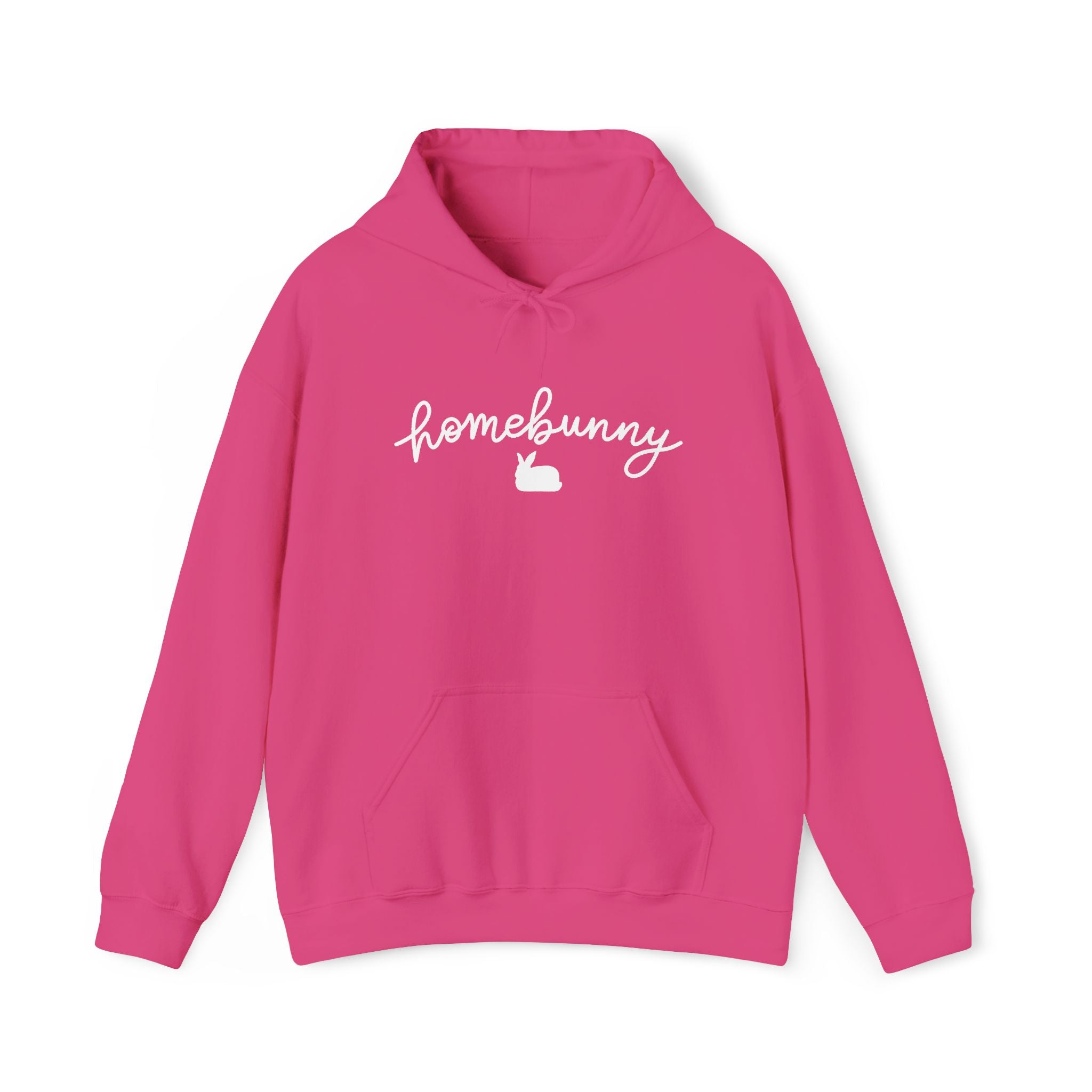Heliconia Pink hoodie with 'homebunny' text on a white background