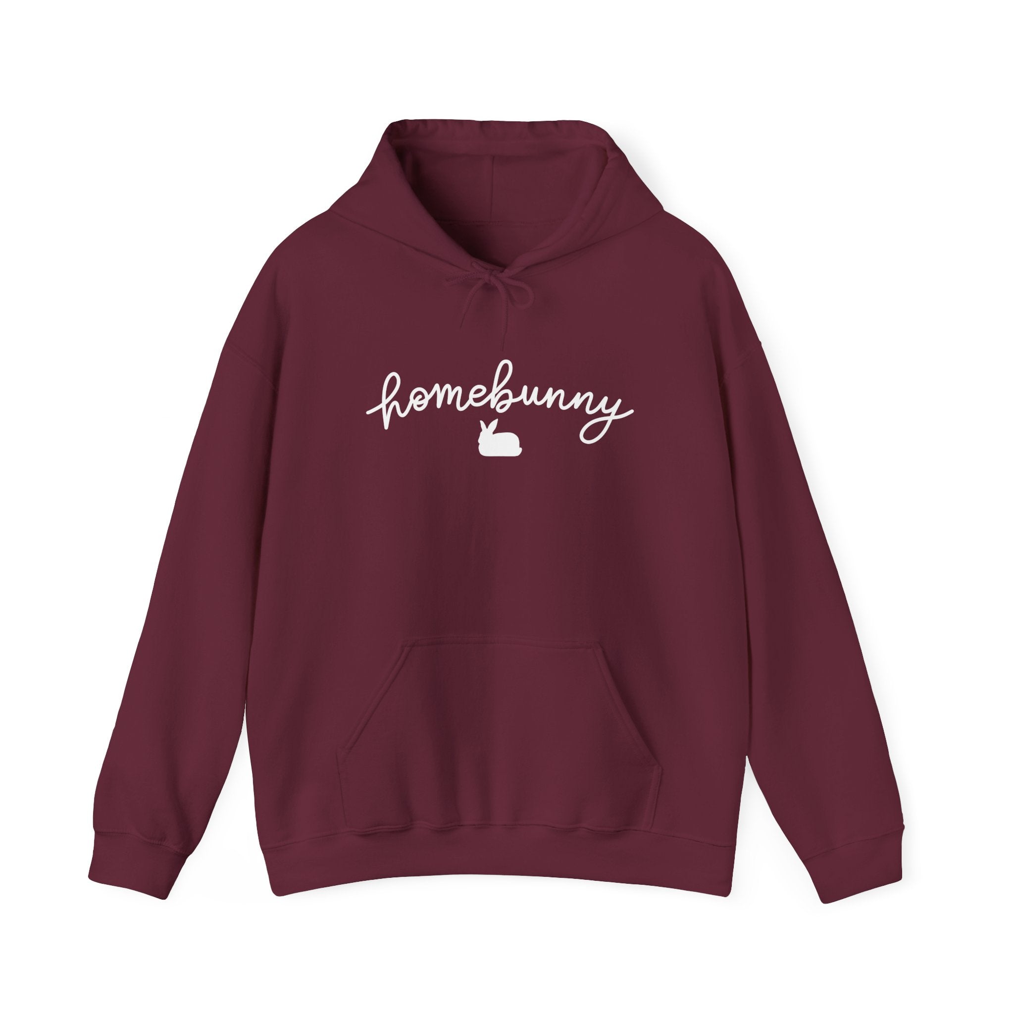 Maroon hoodie with 'homebunny' text on a white background