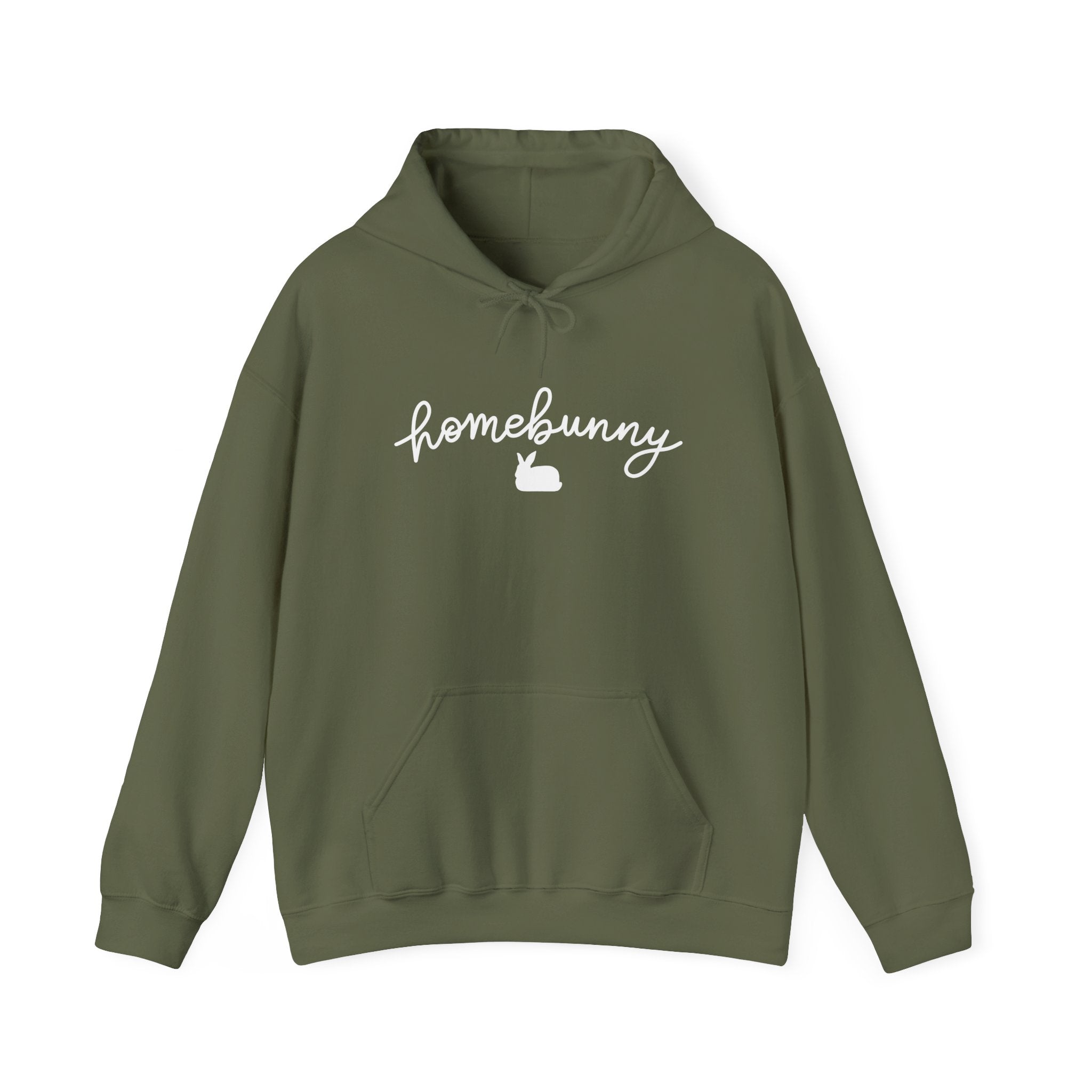 Military Green hoodie with 'homebunny' text on a white background