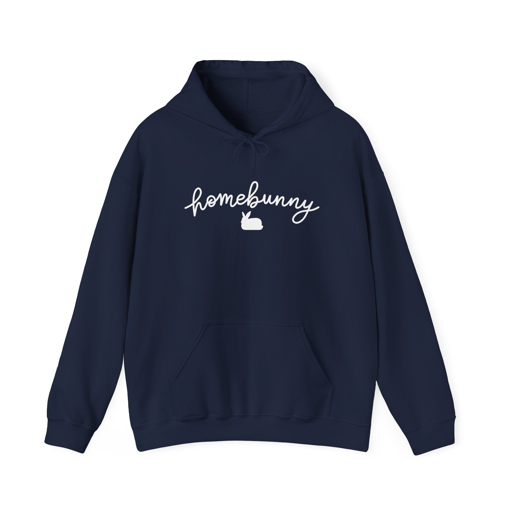 Navy blue hoodie with 'homebunny' text and rabbit icon on a white background