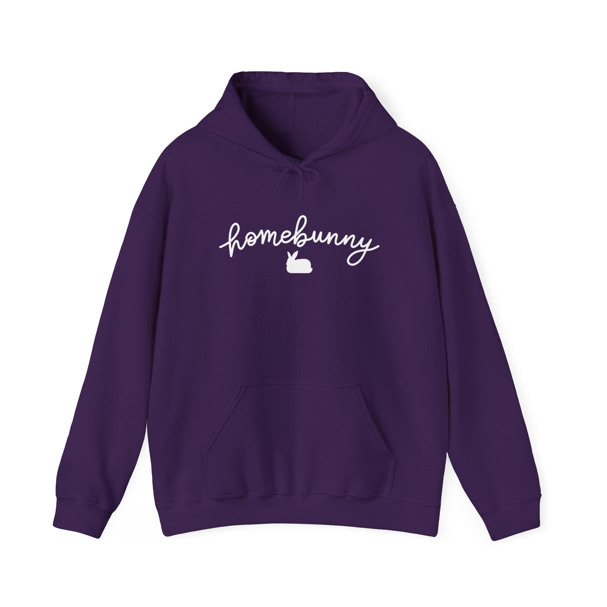 Purple hoodie with 'homebunny' text on a white background
