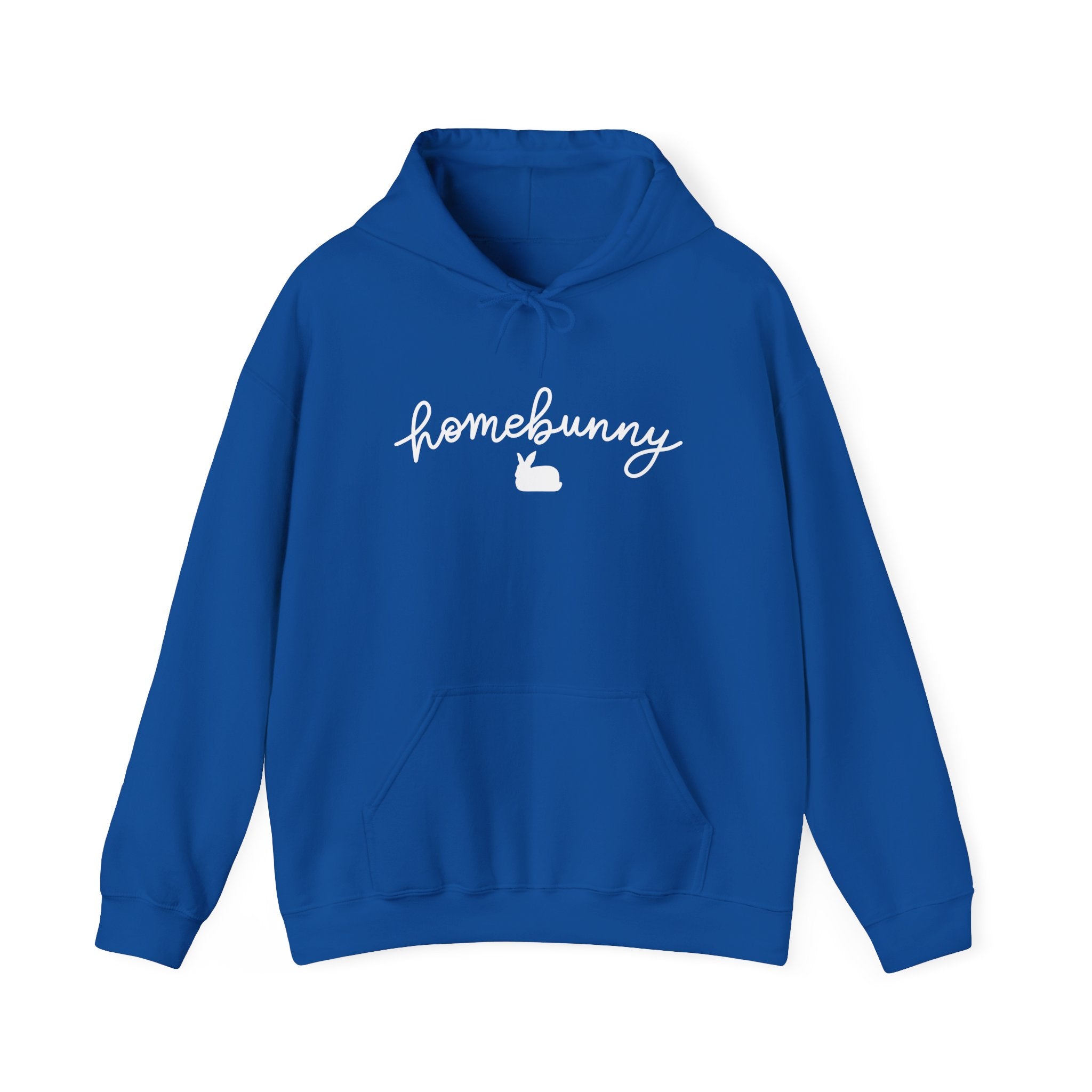 Royal Blue hoodie with 'homebunny' text and rabbit icon on a white background