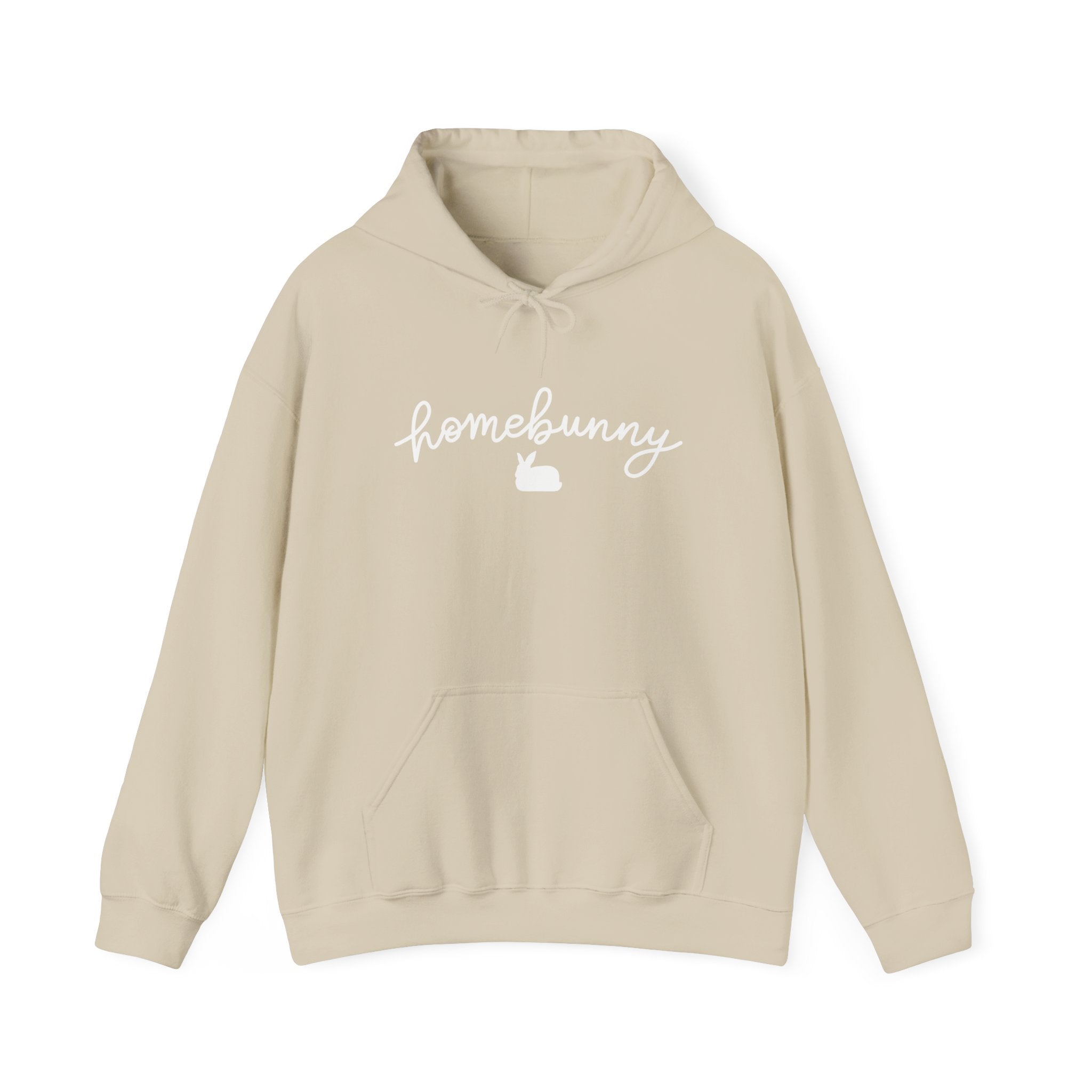 Sand hoodie with 'homebunny' text on a white background