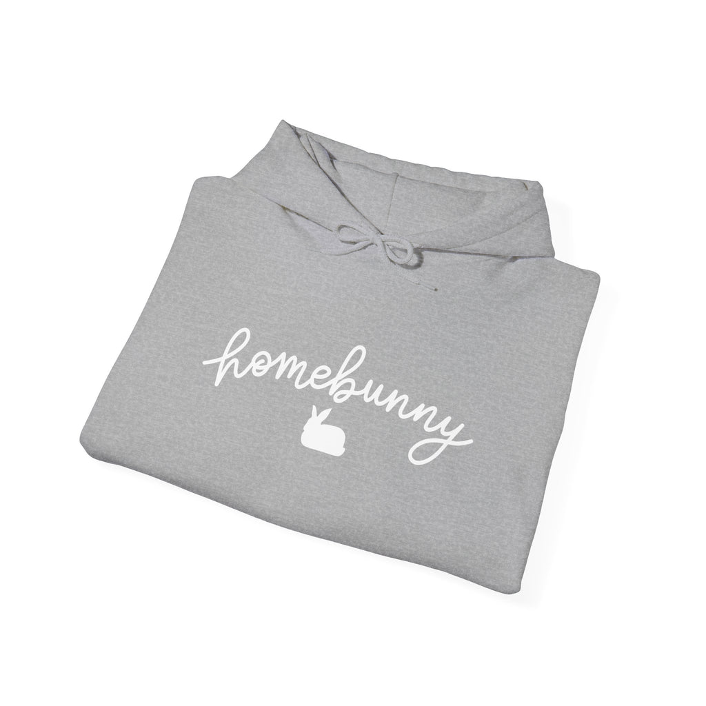 Folded sport gray hoodie with 'homebunny' text on a white background