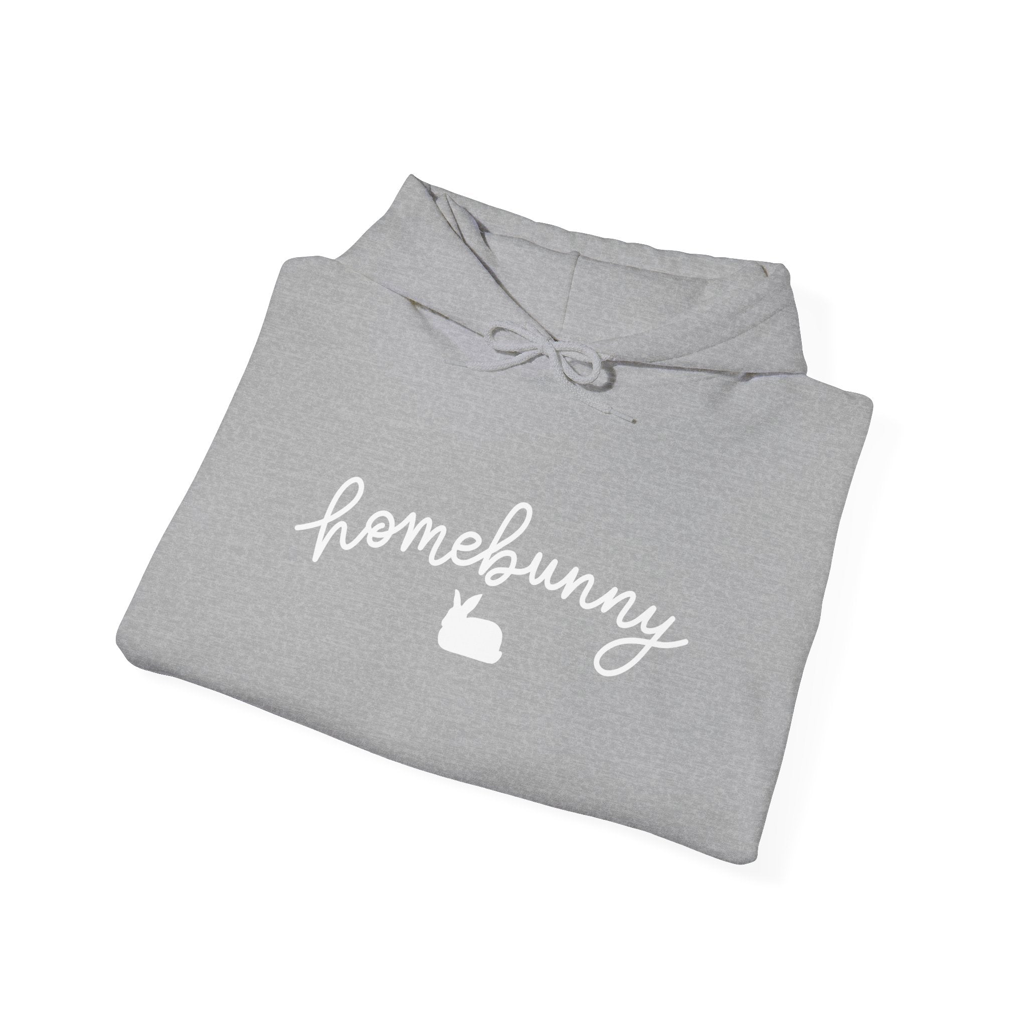 Folded sport gray hoodie with 'homebunny' text on a white background