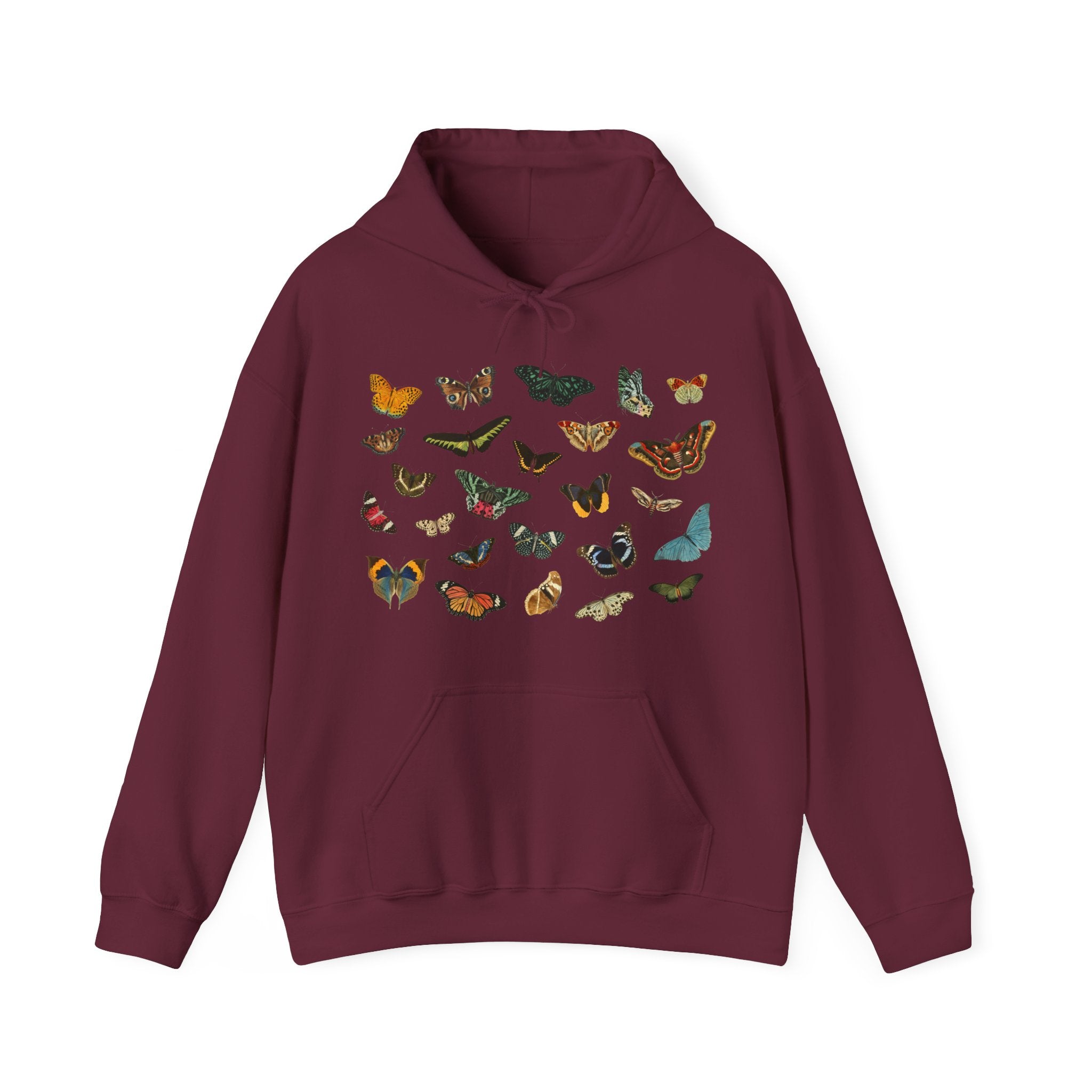 Maroon hoodie with colorful butterfly patterns on a white background