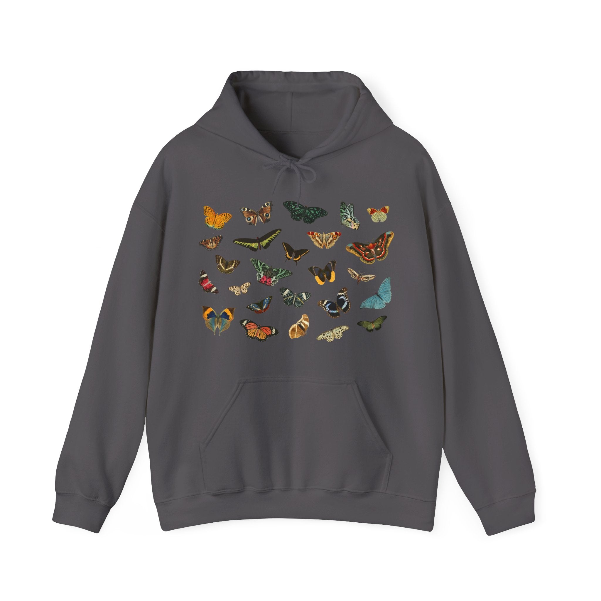 Dark Heather Gray hoodie with colorful butterfly designs on a white background