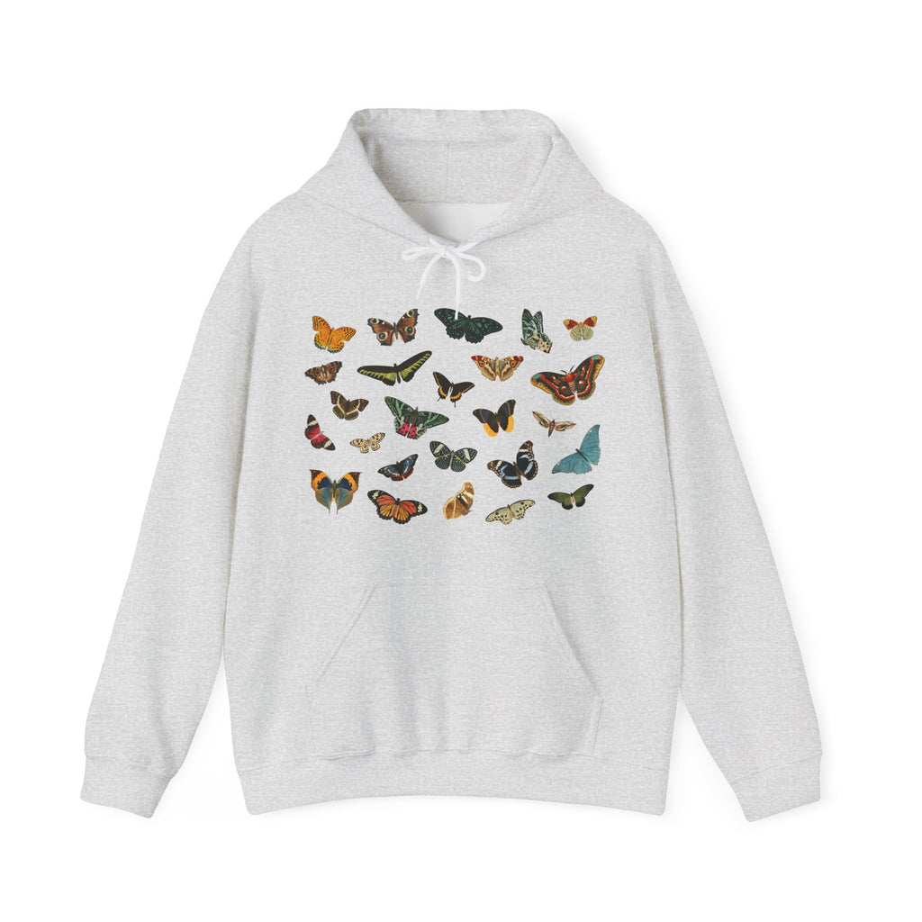 Gray hoodie with colorful butterfly patterns on a white background, Gildan Ash 18500