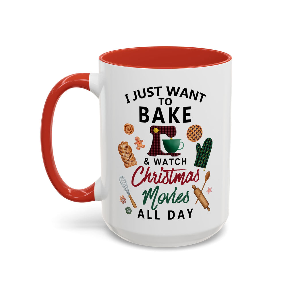 White mug with red interior and handle, featuring baking and Christmas movie-themed graphics. 15 oz cup