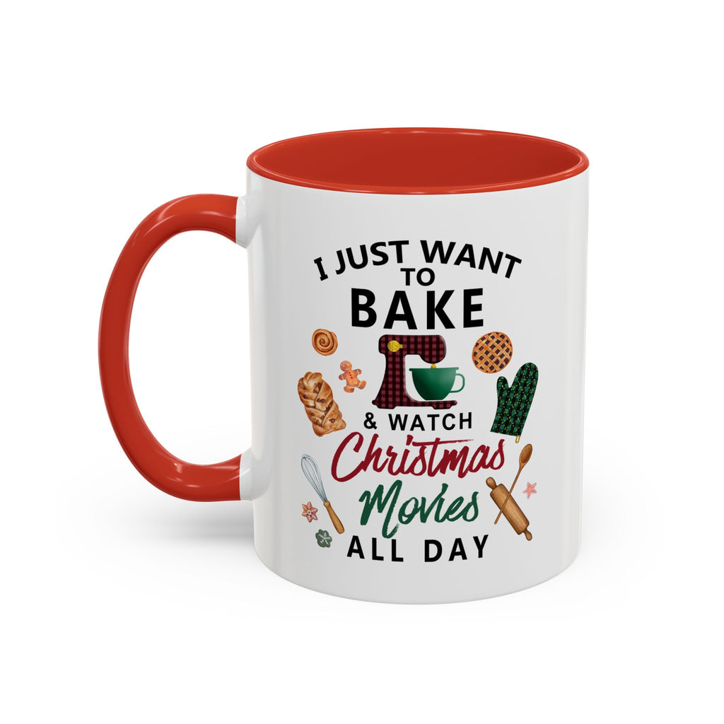 White mug with red interior and handle, featuring baking and Christmas movie text and graphics.