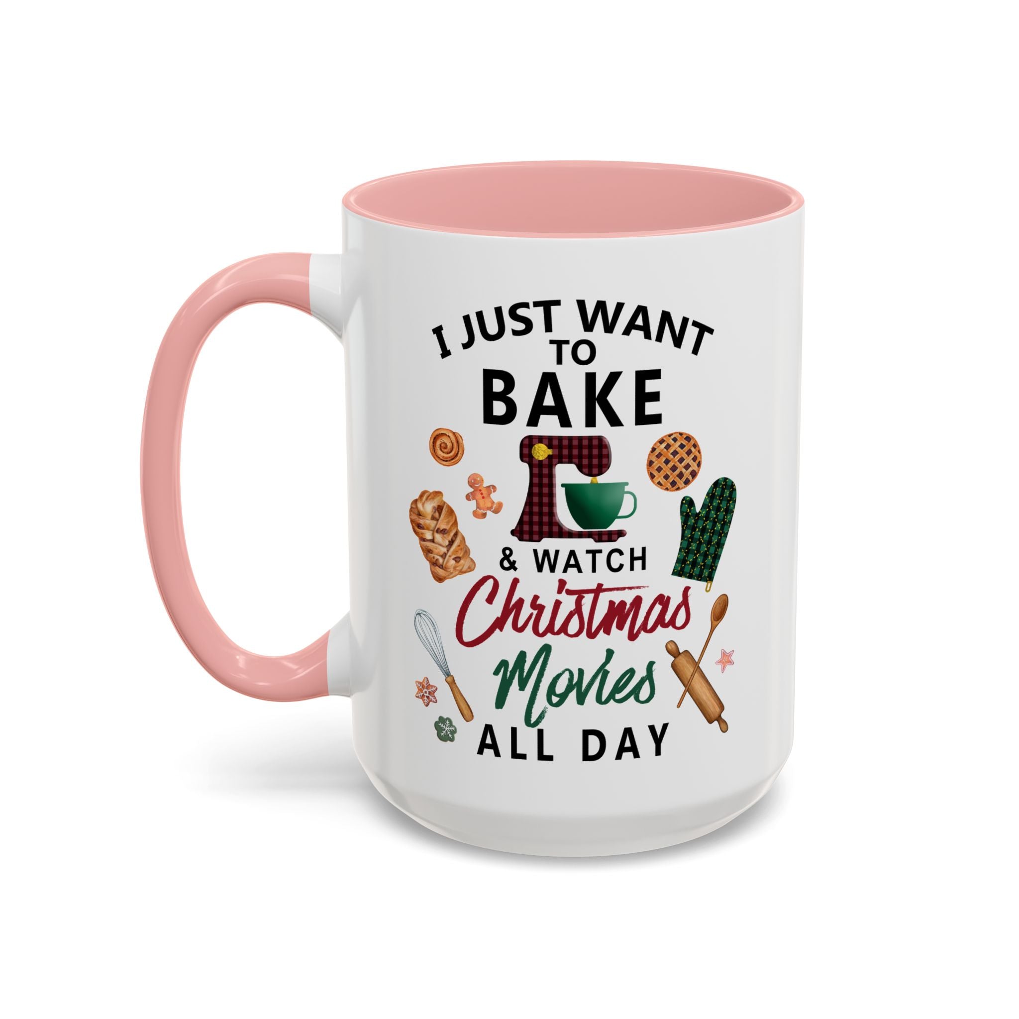 White 15 oz mug with pink interior and handle, featuring baking and movie-themed graphics and text.