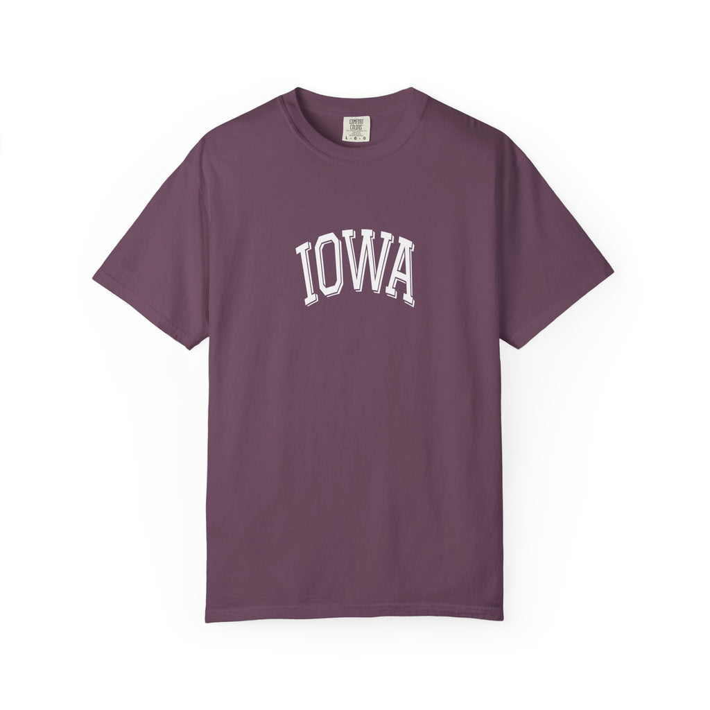 Berry t-shirt with 'Iowa' printed on it against a white background