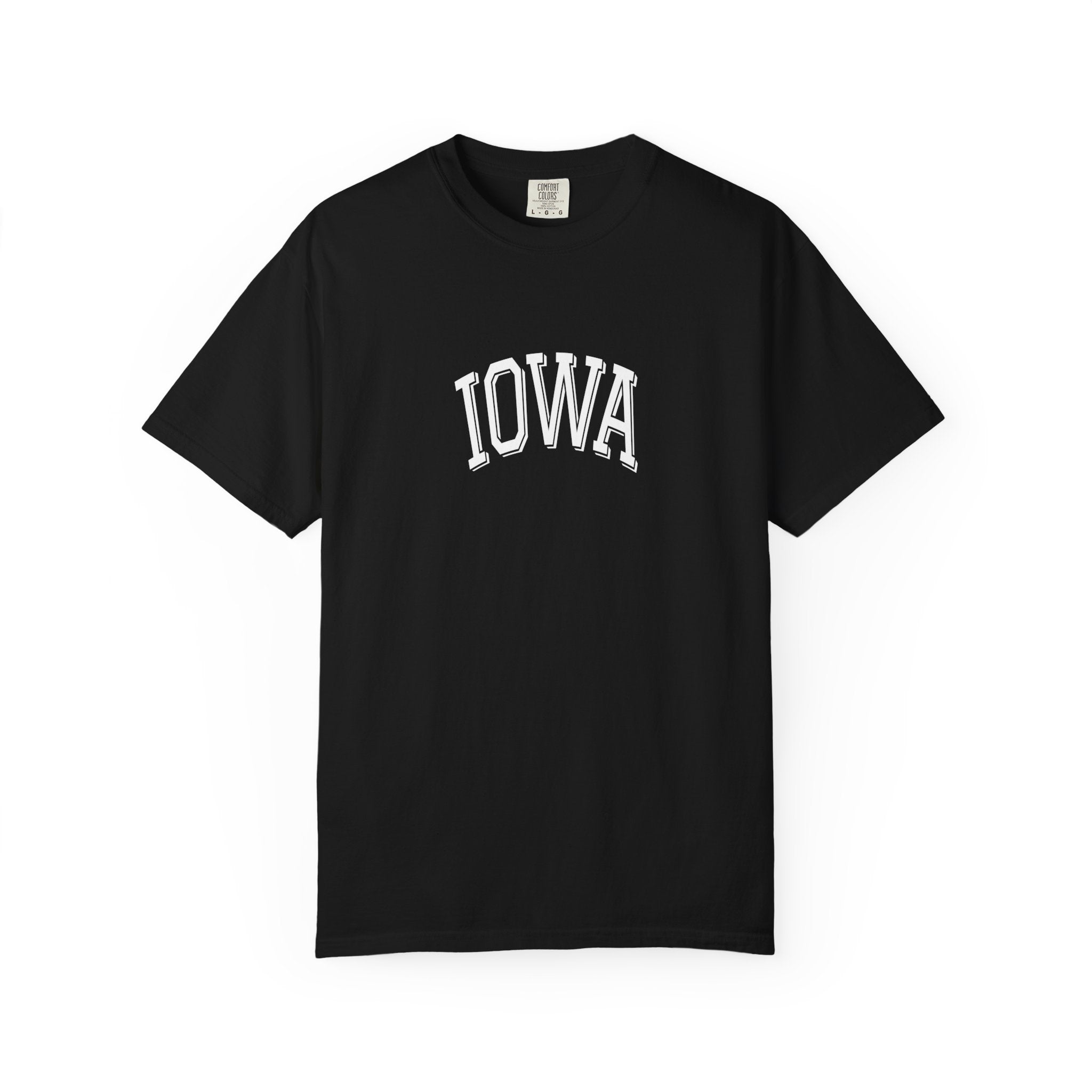Black t-shirt with 'IOWA' printed on a white background