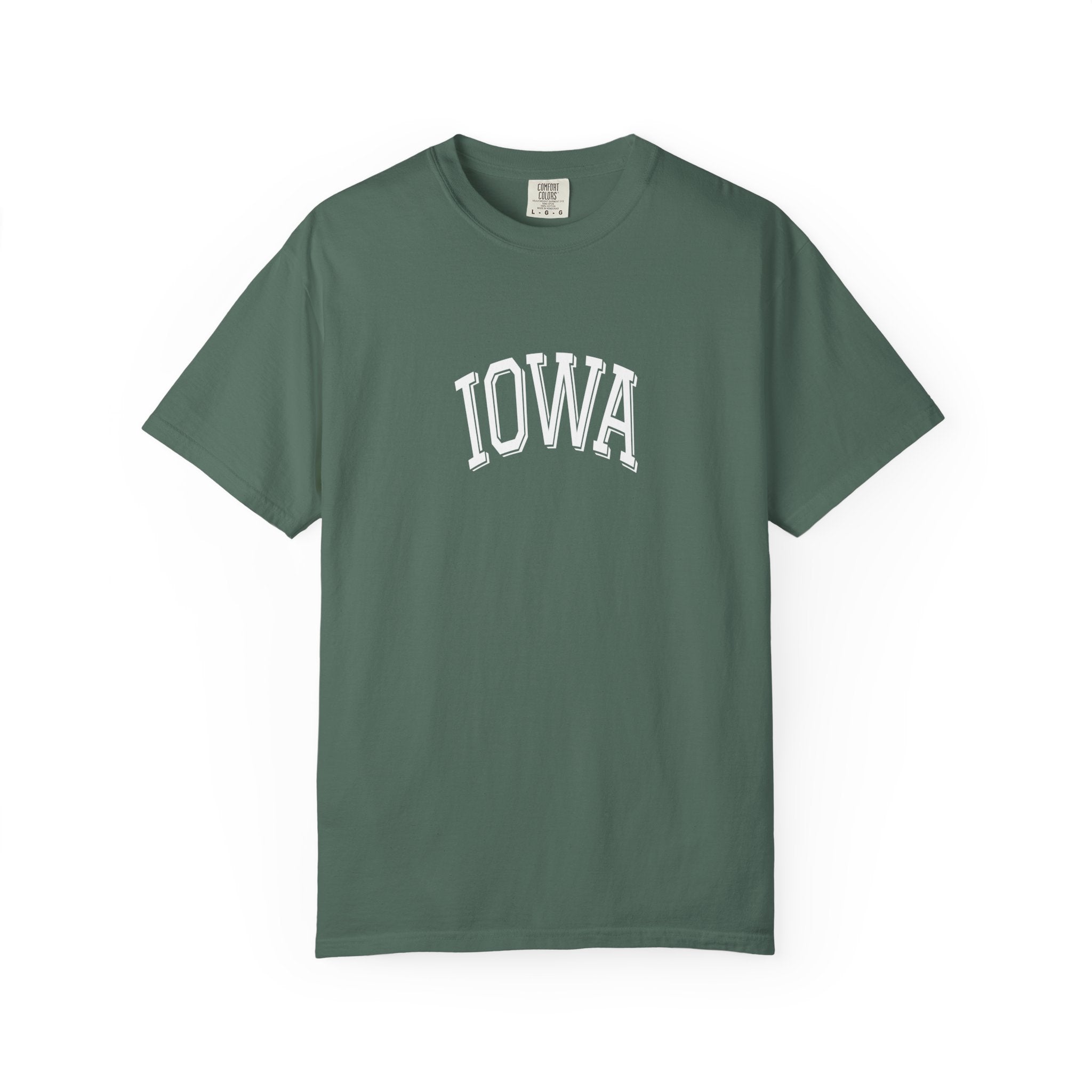 Green t-shirt in color Blue Spruce with 'IOWA' printed on it against a white background