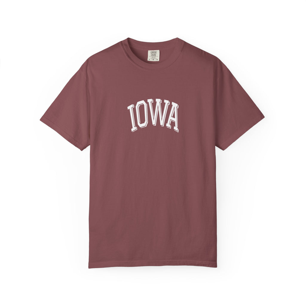 Comfort Colors Brick red t-shirt with 'Iowa' printed on it against a white background