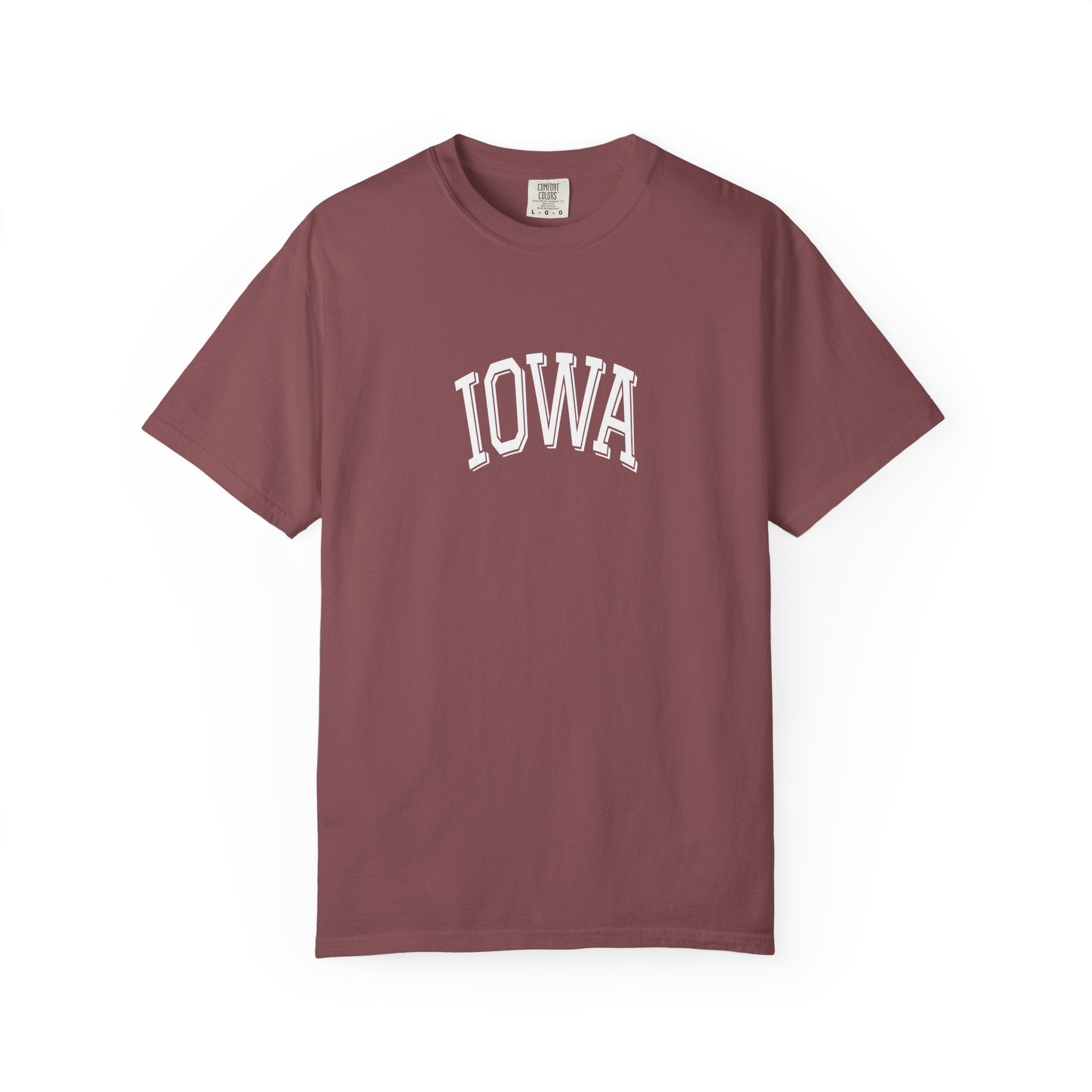 Comfort Colors Brick red t-shirt with 'Iowa' printed on it against a white background