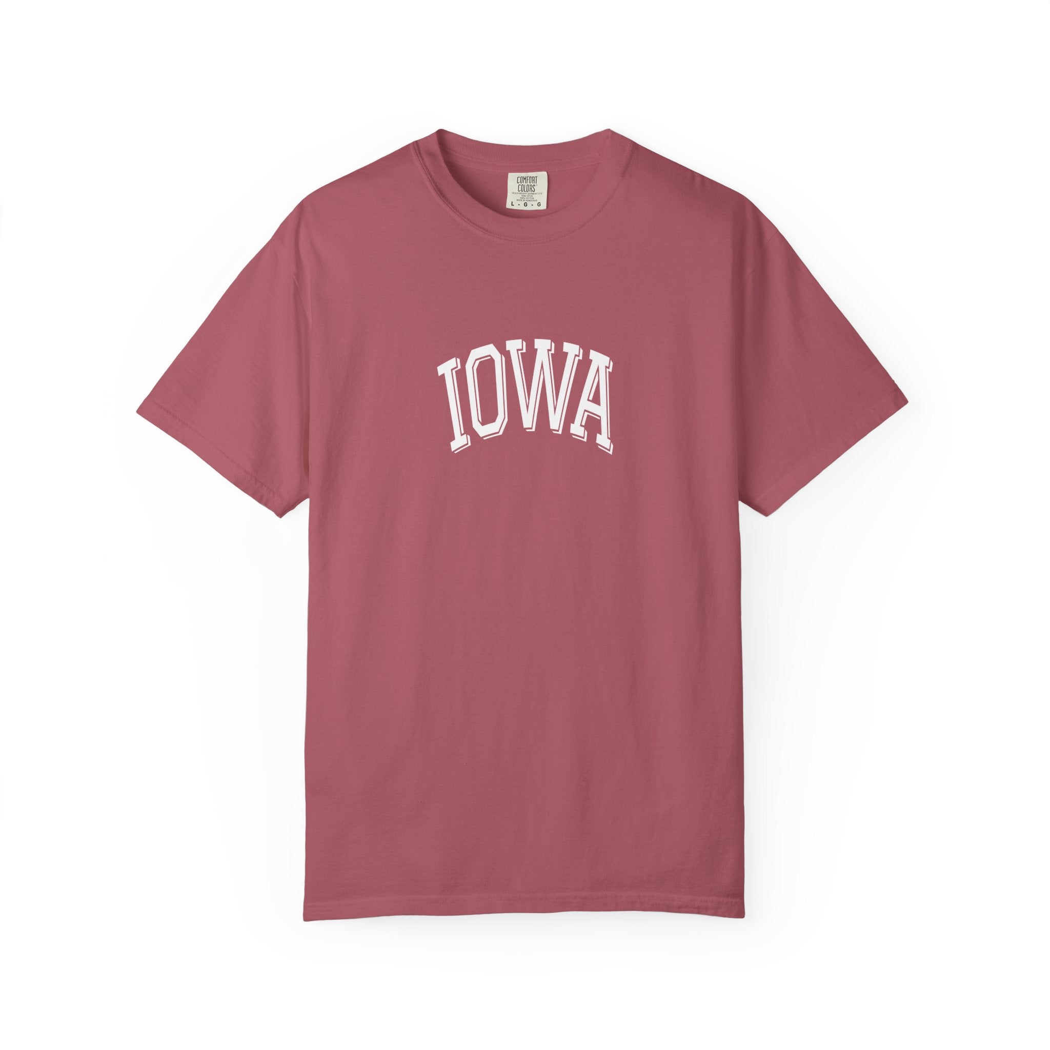 Crimson Comfort Colors t-shirt with 'Iowa' printed on it against a white background