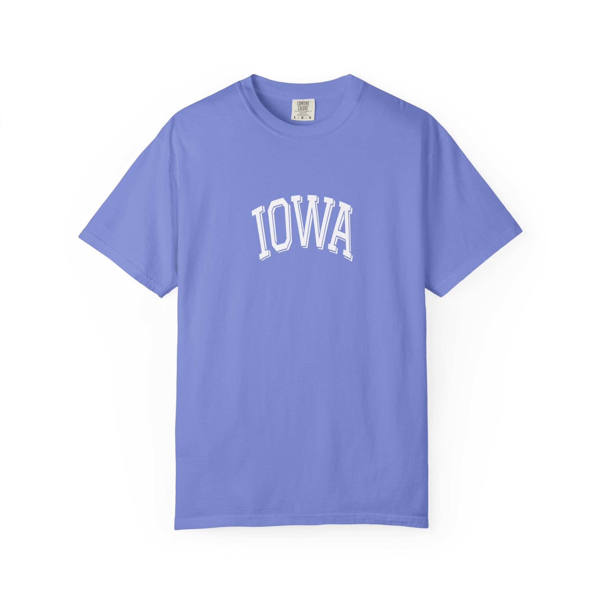 Flo Blue t-shirt with 'IOWA' printed on a white background