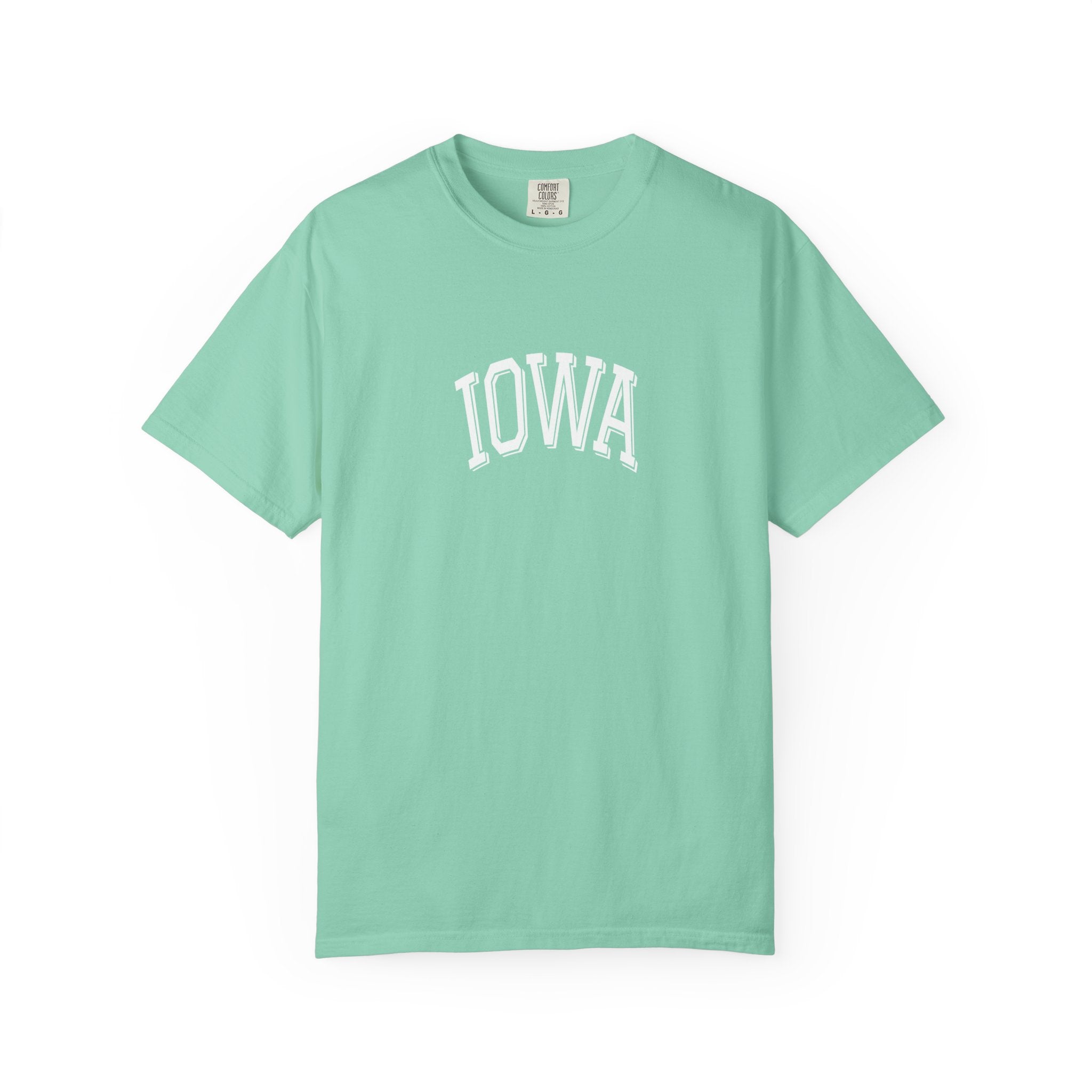 Island Reed Mint green t-shirt with 'IOWA' printed on it against a white background