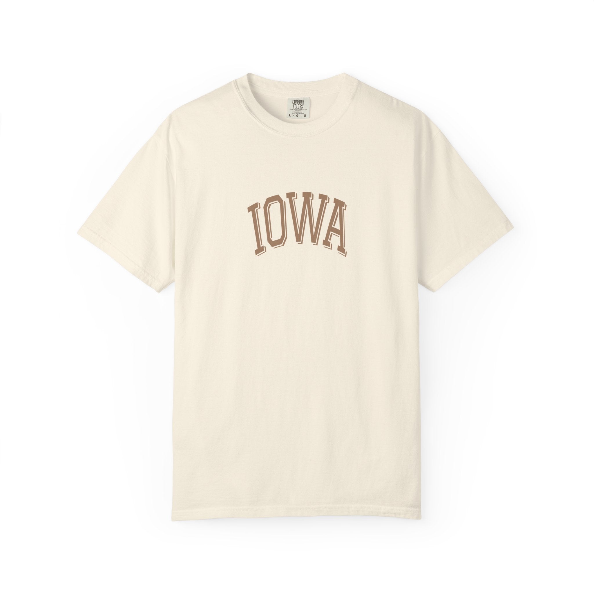 Ivory Comfort Colors t-shirt with 'Iowa' text on a white background
