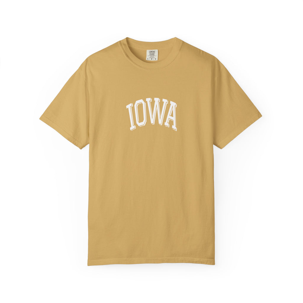 Mustard t-shirt with 'IOWA' printed on it against a white background