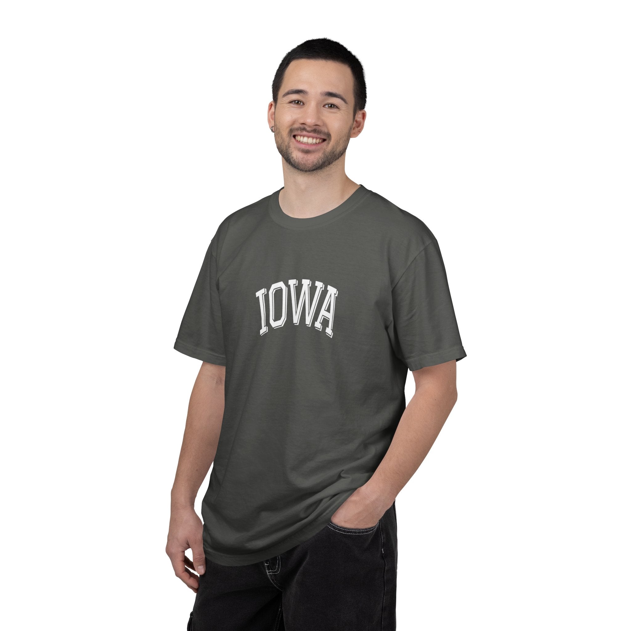 Man wearing a pepper gray t-shirt with 'Iowa' printed on it against a white background